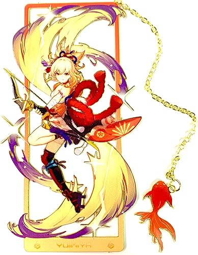 Genshin Impact Yoimiya - Marcapáginas de metal con caja de exhibición 3D, regalos de cumpleaños perfectos para los amantes de los libros