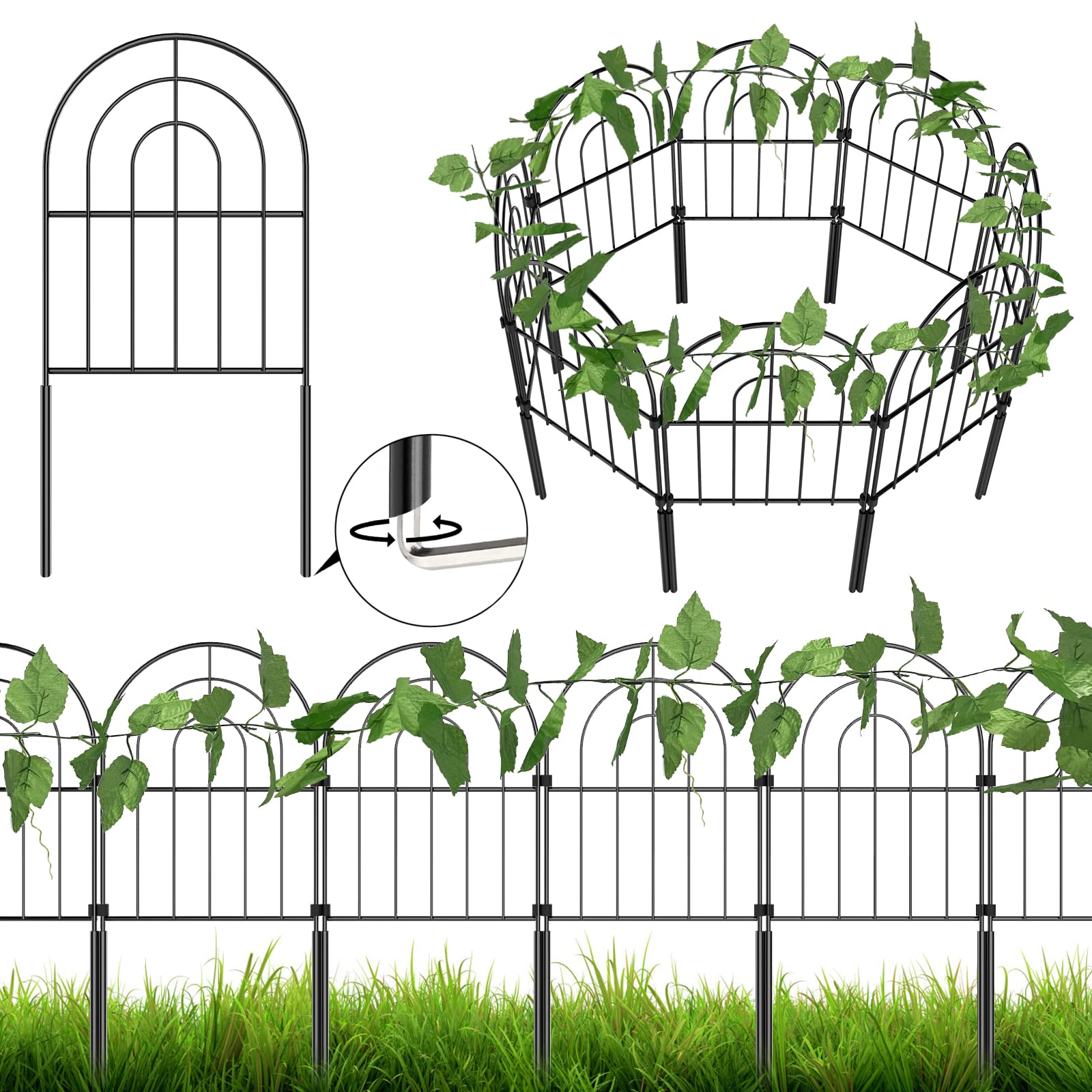 Decorative Garden Fence 10 Pack, Total 10ft (L) x 24in (H) No Dig Rustproof Metal Wire Fencing Border Animal Barrier, Flower Edging for Landscape Patio Yard Outdoor Decor, with 16ft Decorative Leaves