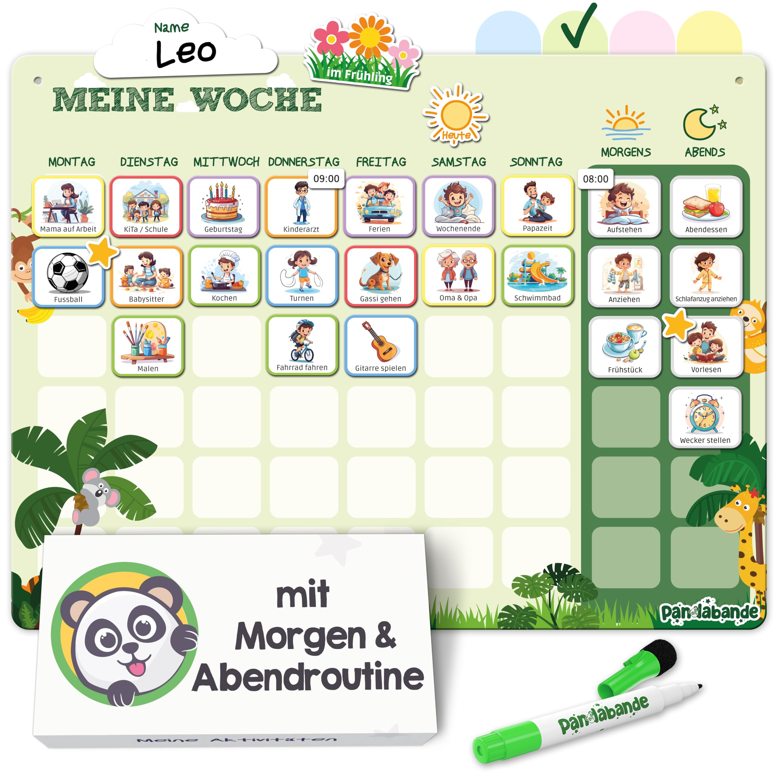 PANDABANDE 2-in-1 Routine & Wochenplaner Kinder mit 200 Magneten & Sortierbox | Montessori Routine Planer Kinder für mehr Selbstständigkeit - Magnetischer Wochenplan mit Morgenroutine & Abendroutine