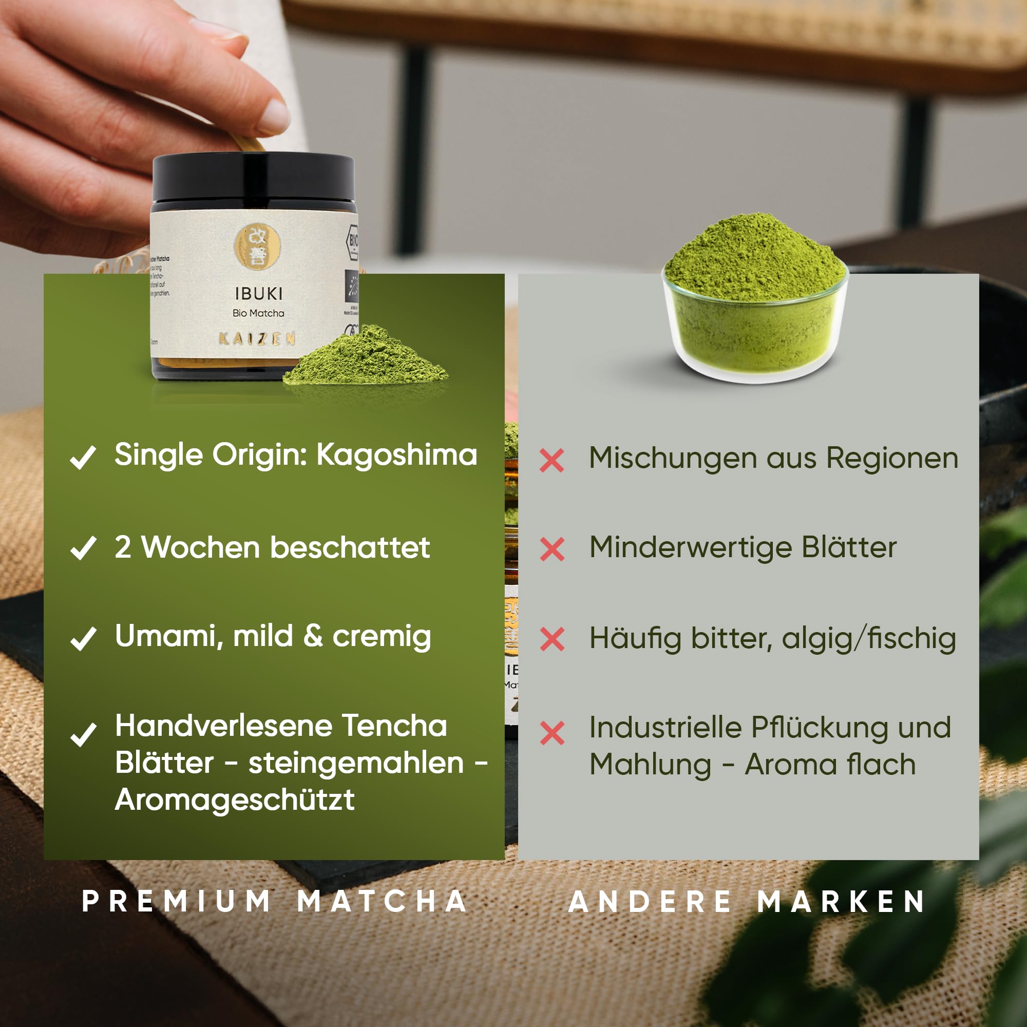Kaizen - Matcha Pulver "Ibuki" - erlesener Premium Bio Matcha Tee - beschattet - Direktimport aus der Präfektur Kagoshima/Japan - 30g Dose mit UV & Sauerstoffschutz