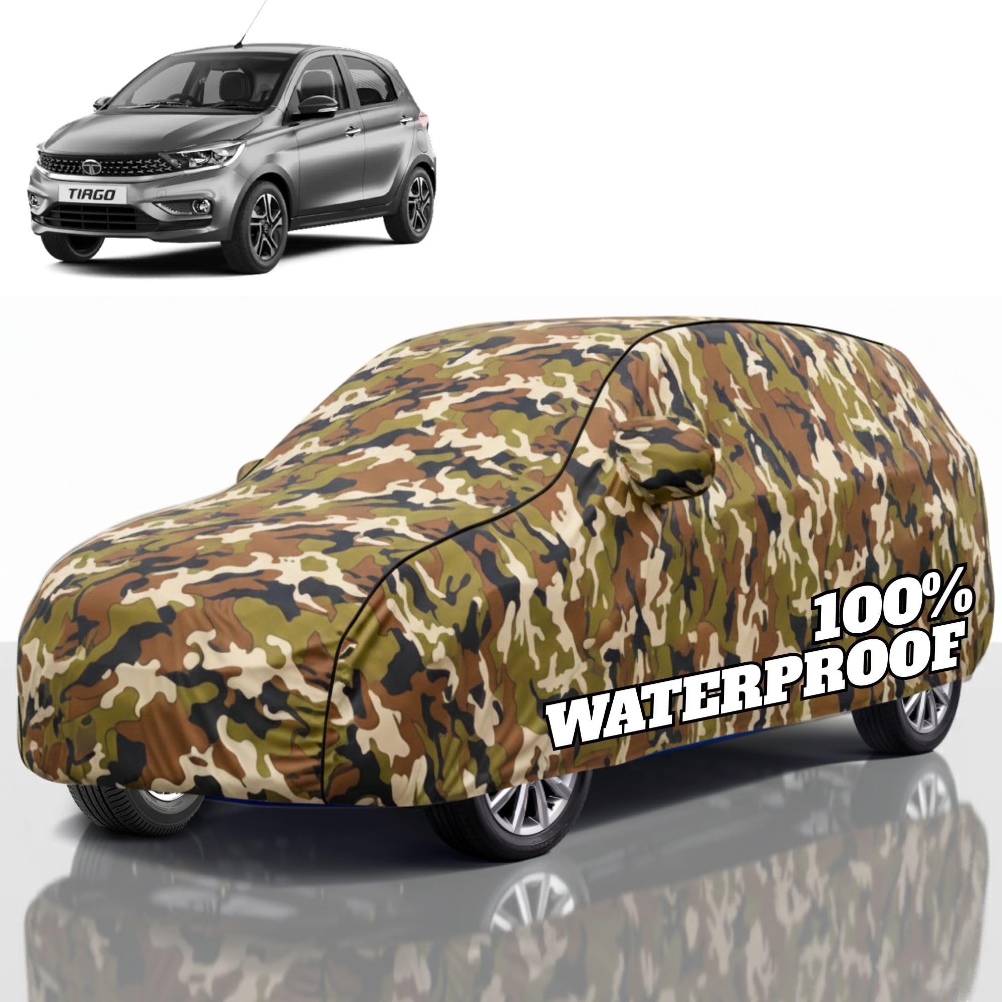 Premium Polyester Car Cover Tiago All-Weather Protection from Rain, Dust &amp; Sun | UV Resistant Fabric | Full Body Secure Fit for Outdoor &amp; Indoor Parking Jungle