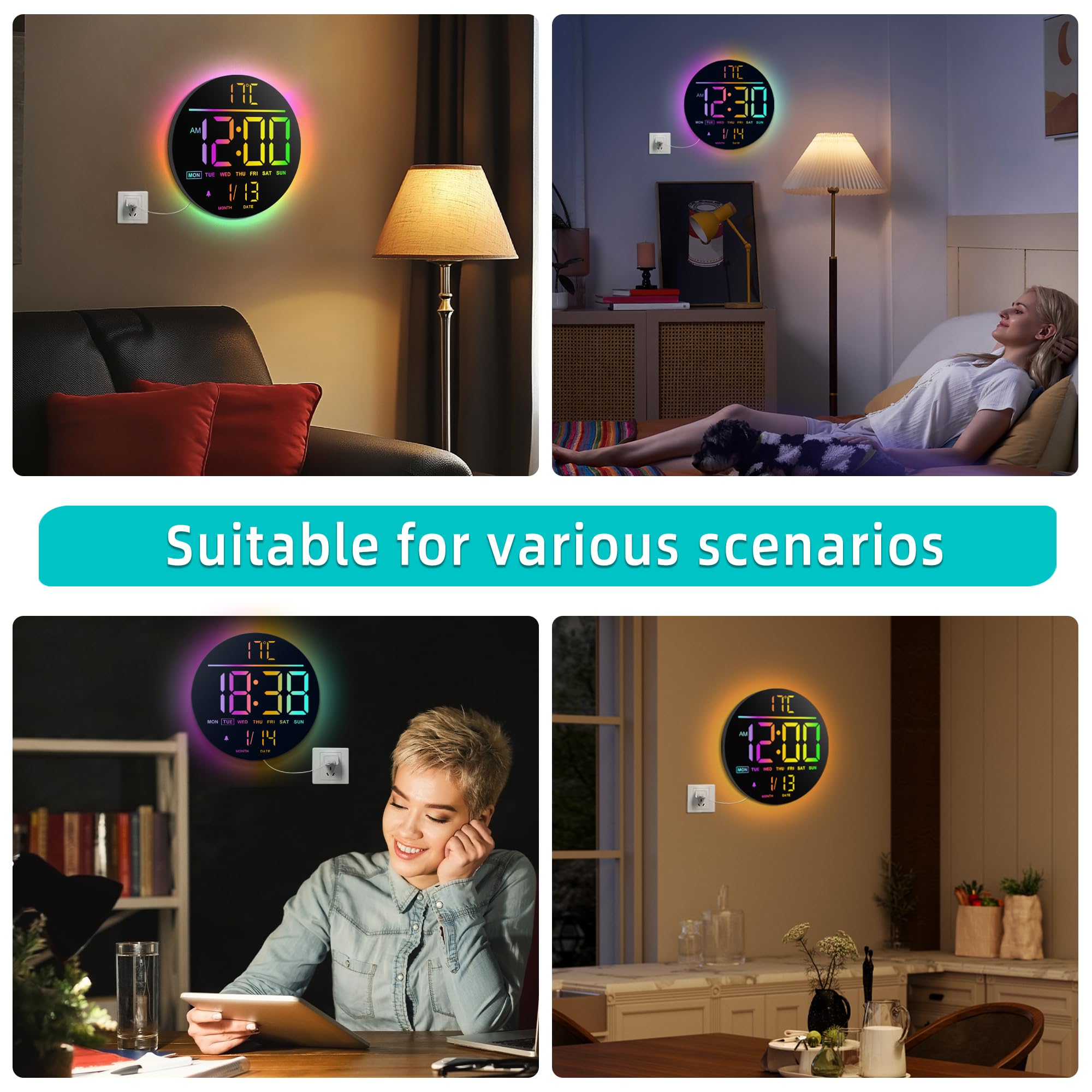 Maxstar Große Digitale Wanduhr mit Fernbedienung, 10-Zoll-Runduhr,8 RGB Farben, Modernes LED Display, Automatische Helligkeit, Sommerzeit, Temperatur, Wecker für Wohnzimmer, Schlafzimmer, Küche Dekor