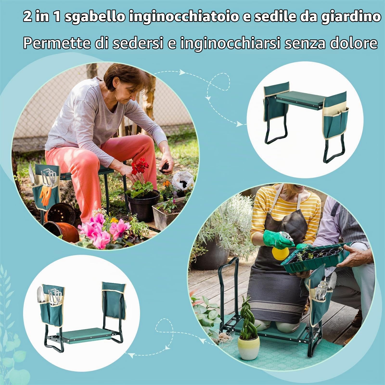 SOARS Inginocchiatoio da Giardino 2 in 1 Pieghevole (con 2 Borse) | Sgabello da Giardinaggio con Borsa a Tasche per Attrezzi, Sedile con Cuscino EVA Morbido per Ginocchiarsi, Max. 150kg