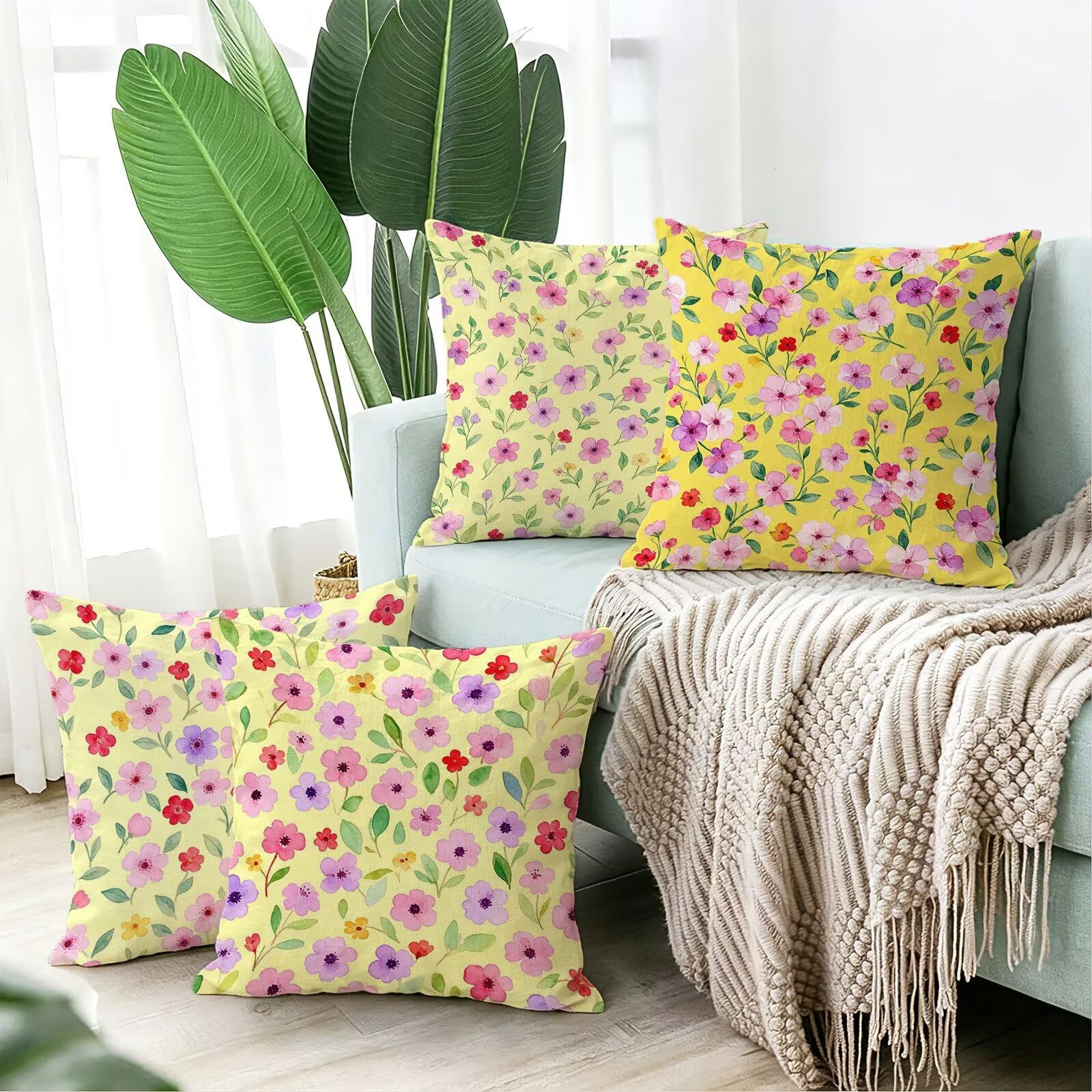 Giallo Federe Cuscini Divano 40x40cm, Cuscini da Esterno Set de 4, Cod-157 | Velour Copricuscini Decorativi Letto Arredo, per Letto, Soggiorno, Giardino, Esterno, Casa Decorazione Set di 4 Fiore