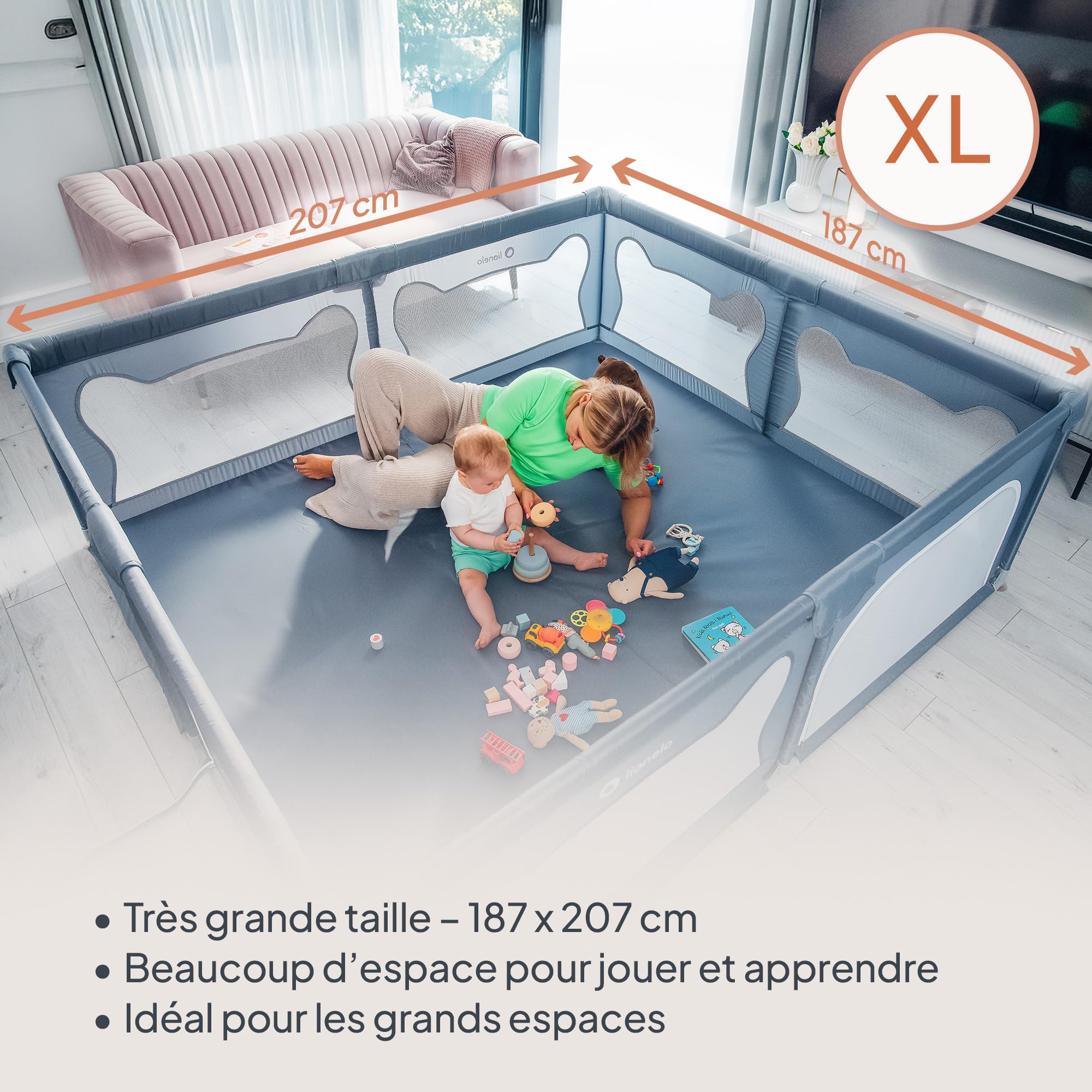 LIONELO WILLOW XL Parc Bébé Pliable, 0-48 mois, Grand Espace de 187 cm x 207 cm x 68 cm, Barrière Parc Bébé en Maille Respirante, 2 Entrées Latérales Zippées (Gris) (Grey)