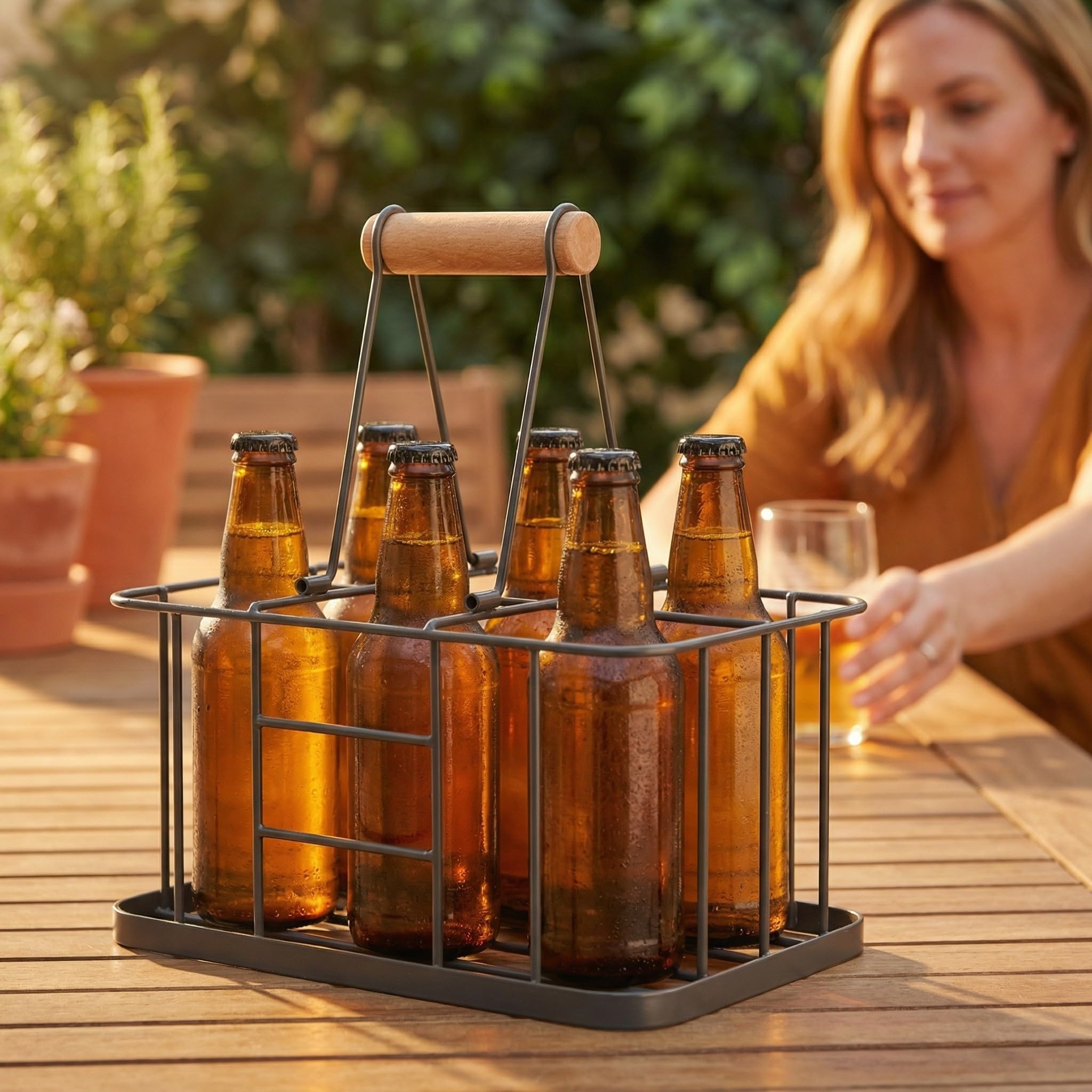 Hohopeti Handlicher Picknick Weinständer aus Carbonstahl und Holz mit 6 Flaschen Fassungsvermögen, tragbar für Haushalt und Bar
