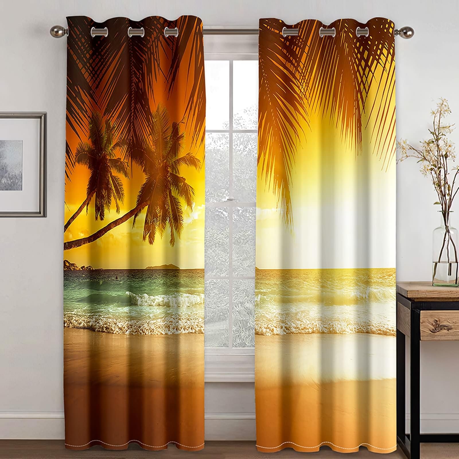 Schlafzimmer Vorhänge mit Schlaufen, 102x214cm Braun Orange Meer Strand Sonnenuntergang Landschaft Thermovorhang Kälteschutz Blickdicht, Schallschutz Vorhang Schlafzimmer
