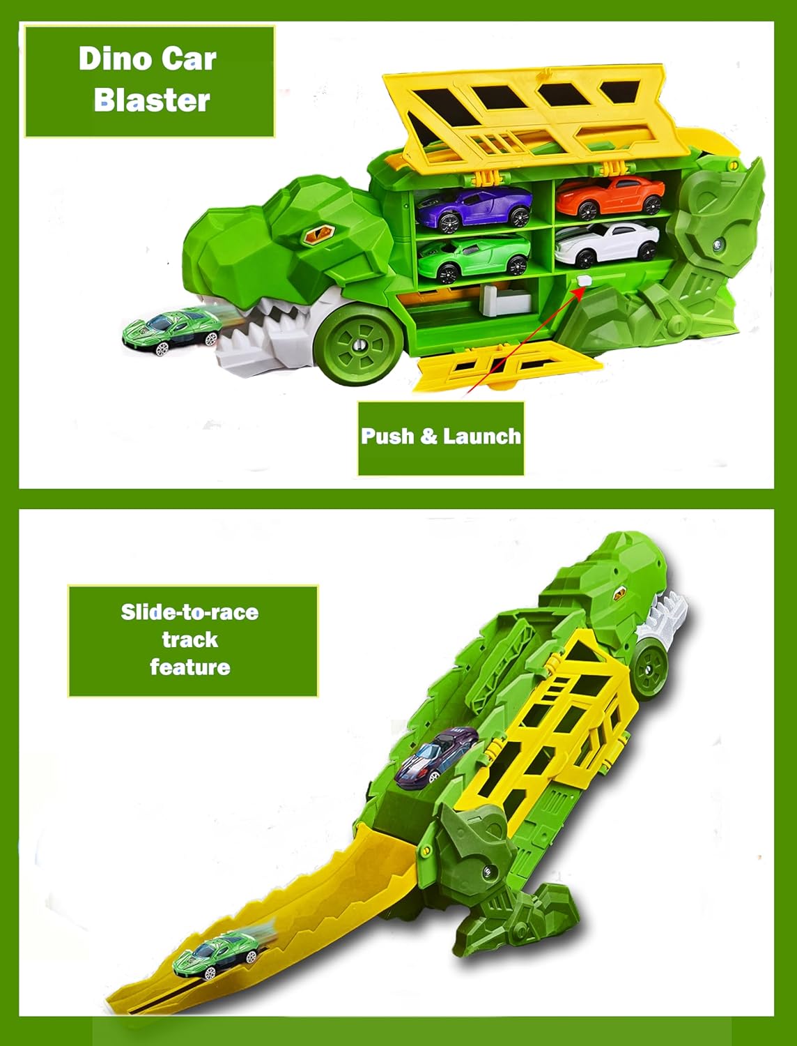 Race & Roar Dinosaur Truck Toy | Dino Mouth Car Launcher Slide-Out Track | 4 Die-Cast Cars Storage Handle | Smart Value Birthday Gift for Kids Ages 3 4 5 6