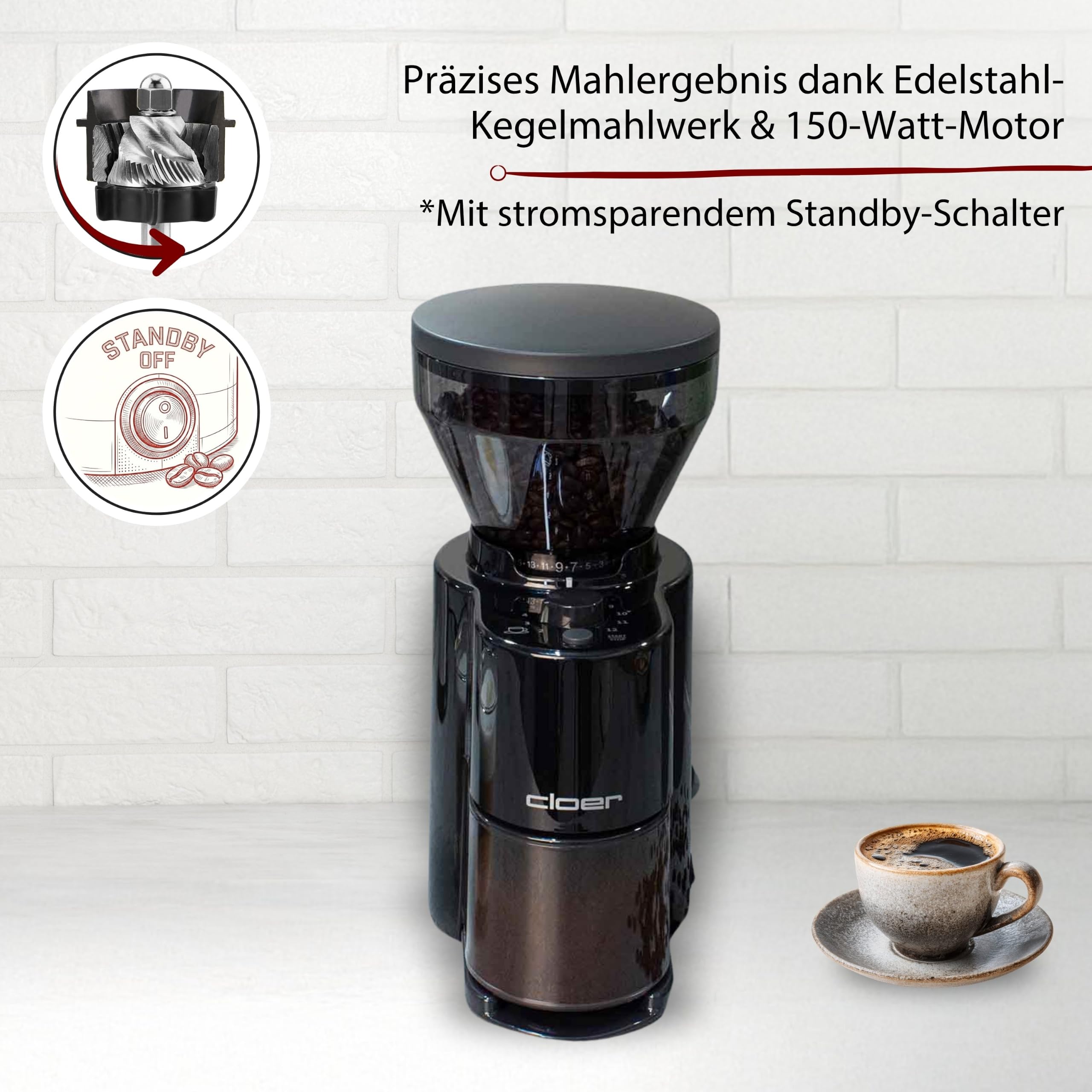 Cloer 7520 Elektrische Kaffeemühle mit Kegelmahlwerk aus Edelstahl, 2-12 Tassen, 300 g Kaffeebohnen, verstellbarer Mahlgrad, schwarz, 150W