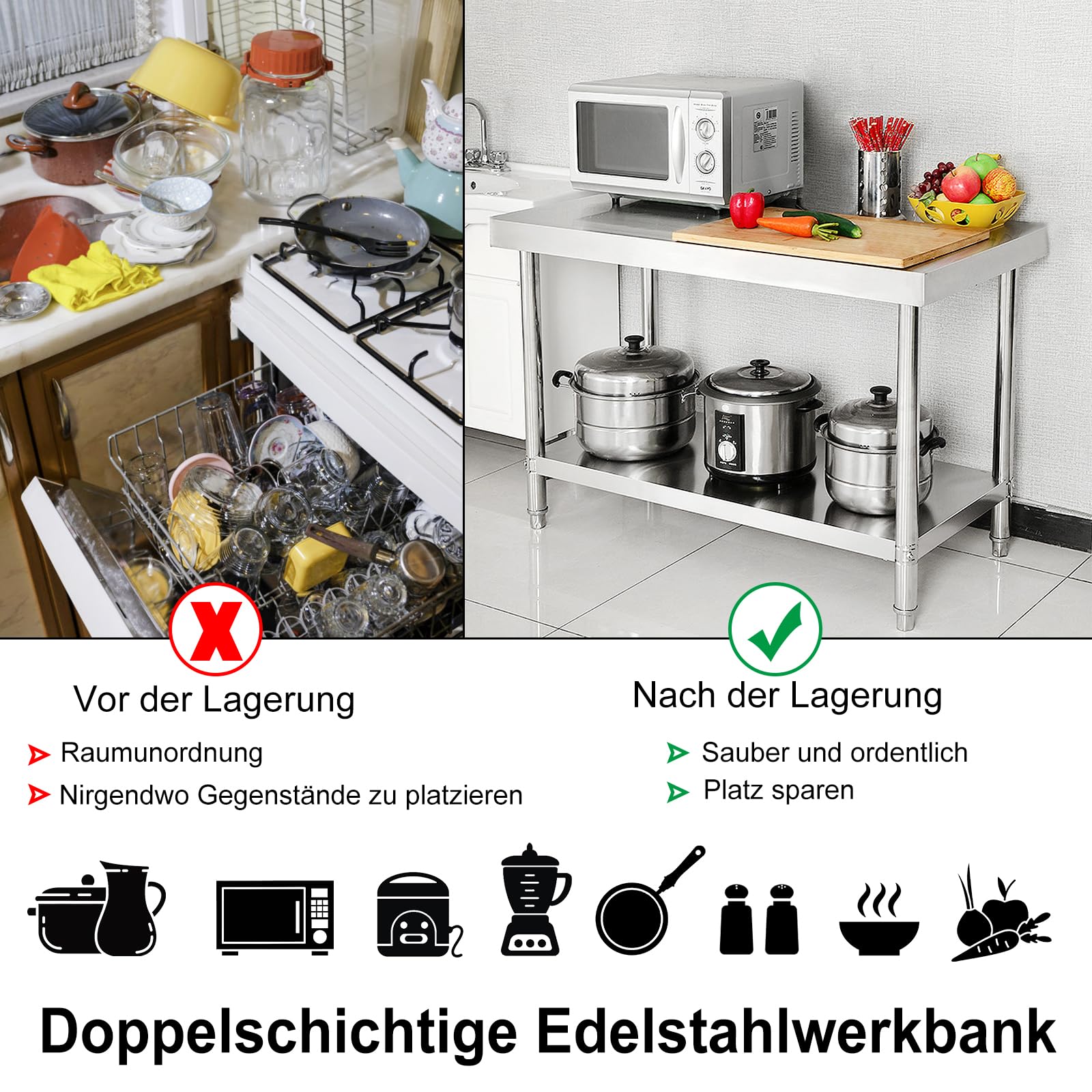 Stół roboczy ze stali nierdzewnej, regulowana wysokość z nóżkami, stół kuchenny, stół roboczy, stół do jadalni, stół na rośliny, do kuchni, restauracji, 150 x 50 x 85 cm, z zagięciem
