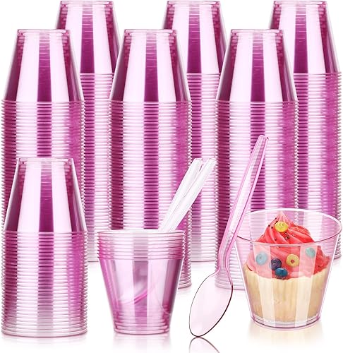 Tanlade Paquete de 100 tazas de postre de plástico de 5 onzas con cucharas, mini tazas de aperitivo, tazas pequeñas de parfait, recipientes de yogur