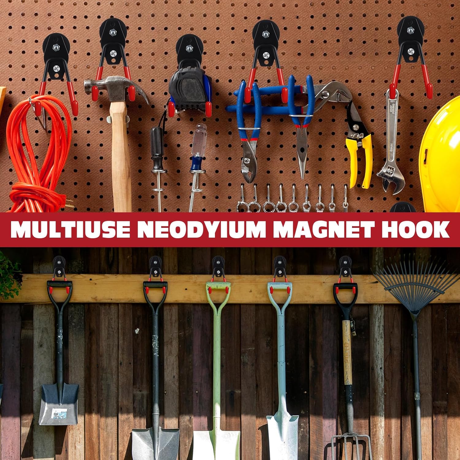 Landhoow 10 Pcs Large Magnetic Hooks Heavy Duty Garage Magnet Hooks Strong Storage Utility Magnetic Hangers with Anti Slip Rubber Coating for Indoor and Outdoor Hanging (Red)