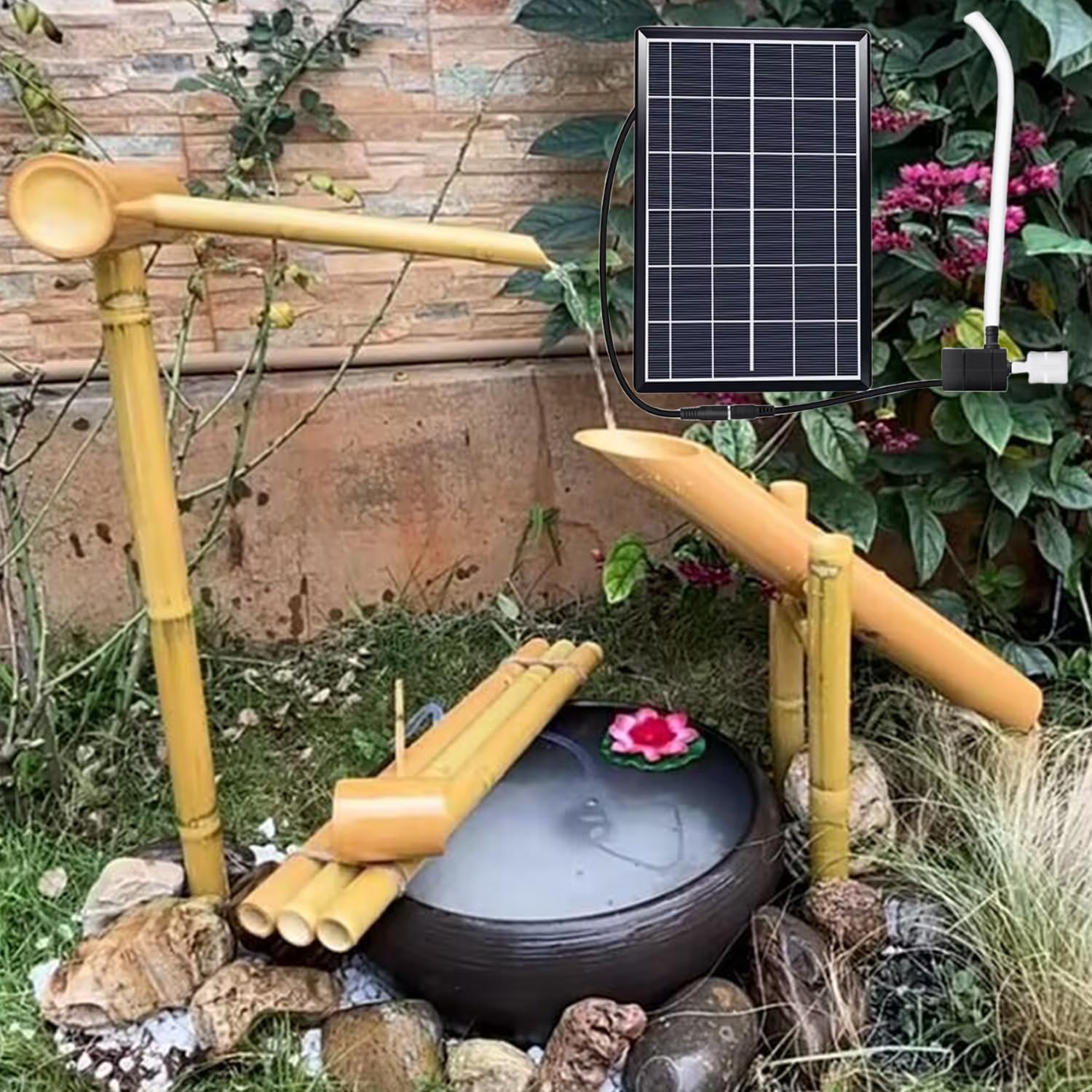 Solarna fontanna na zewnątrz, do ogrodu, ręcznie robiony japoński bambusowy wodospad, funkcja do dekoracji ogrodu Zen, zasilana energią słoneczną, fontanna zewnętrzna, dysza w zestawie