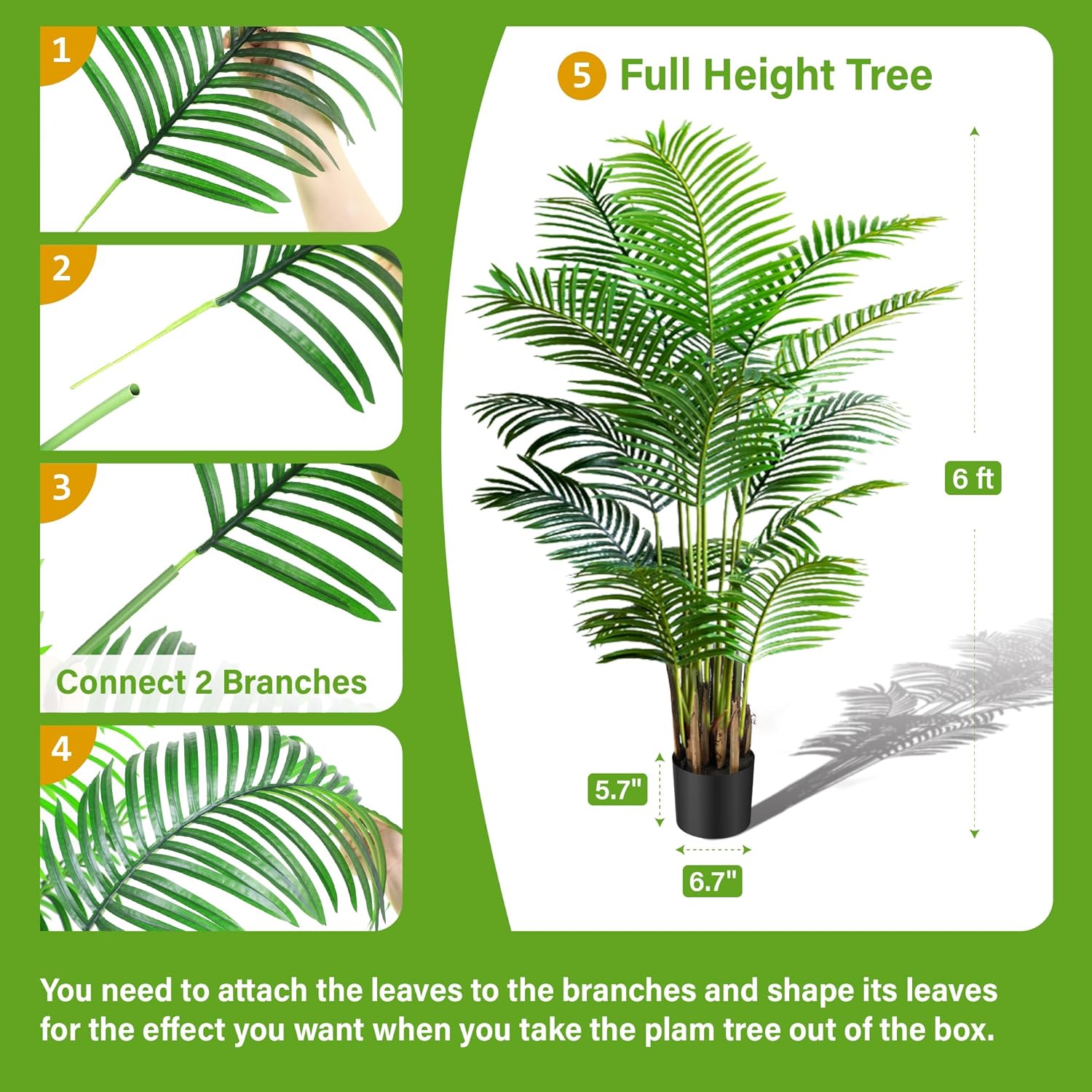 KOL 6ft 2-Pack Artificial Areca Palm Plant in Pot, Fake Tropical Cane Palm Silk Tree Indoor Outdoor, Dypsis Lutescens Plants, 70in Lifelike Faux Silk Plant Home Garden Decoration, Housewarming Gift - Image 6