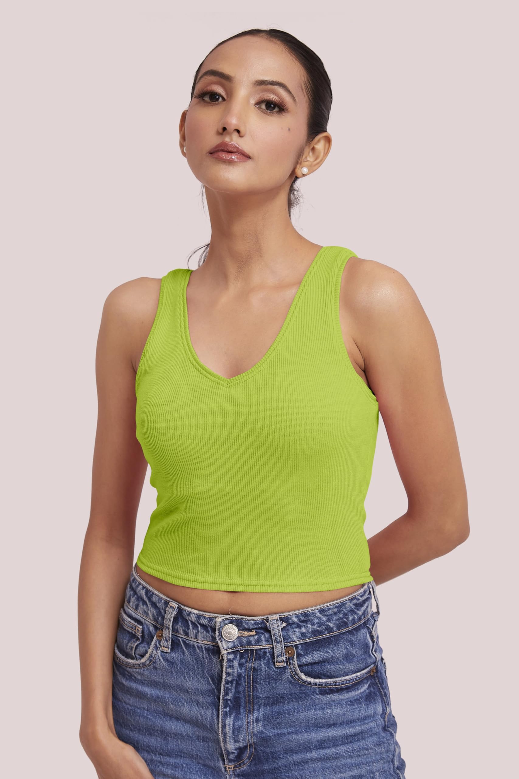 BERRY BIRD® Sleeveless V- Neck Slim Fit Ribbed Knit Tank Crop Tops for Women & Girls Casual Beach and Gym Wear and Western Trendy Fashion Neon 1