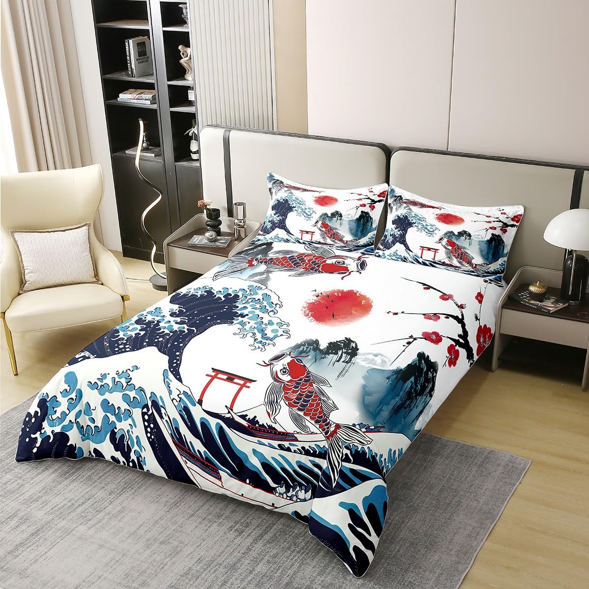 Funda nórdica de 100% algodón, 220 x 240, Carpa Puesta de Sol de Estilo Japonés, Juego de Cama,Ropa de cama de sol de flor de cerezo de ola,Azul blanco rojo Montaña Pez de Mar Cubre Cama