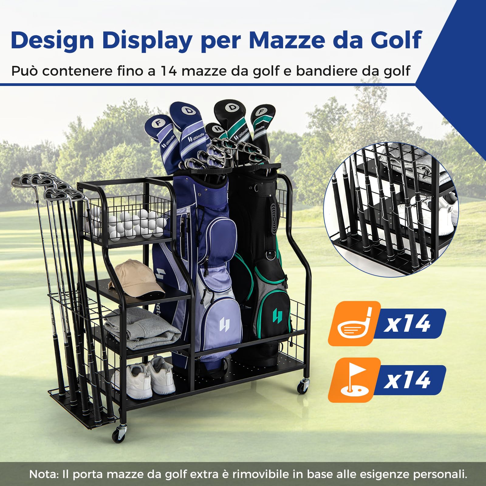 COSTWAY Organizer per Sacca da Golf, Supporto per 2 Borse da Golf con Extra Scaffale di Stoccaggio per Mazze da Golf, 6 Ganci Rimovibili e 4 Ruote per Garage e Club