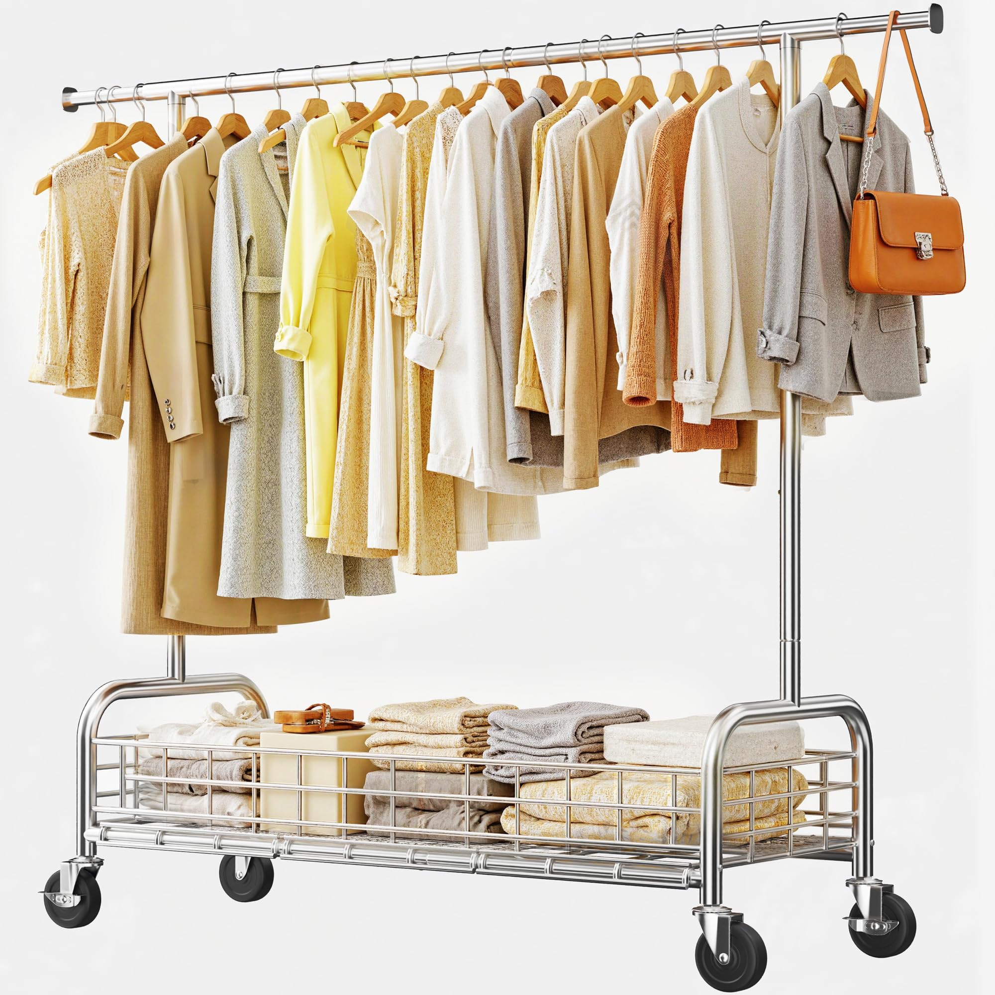 Raybee heavy duty clothes rack with wheels, 485LBS, Bottom Storage Basket