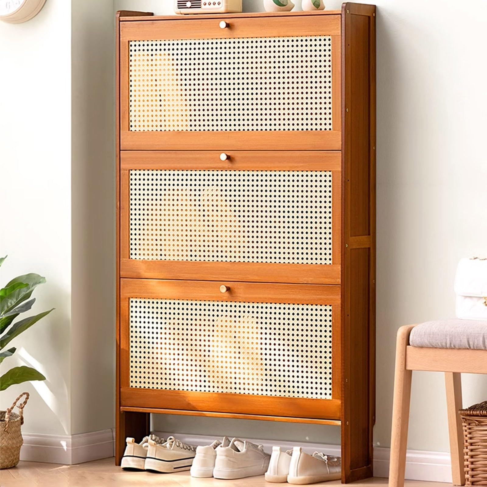 SVFOEBJM Shoe Storage Cabinet, Shoe Cabinet for Entryway Narrow, Plastic Rattan Shoe Cabinet, Freestanding Wooden Shoe Rack Storage Cabinet for Entryway Hallway Bedroom