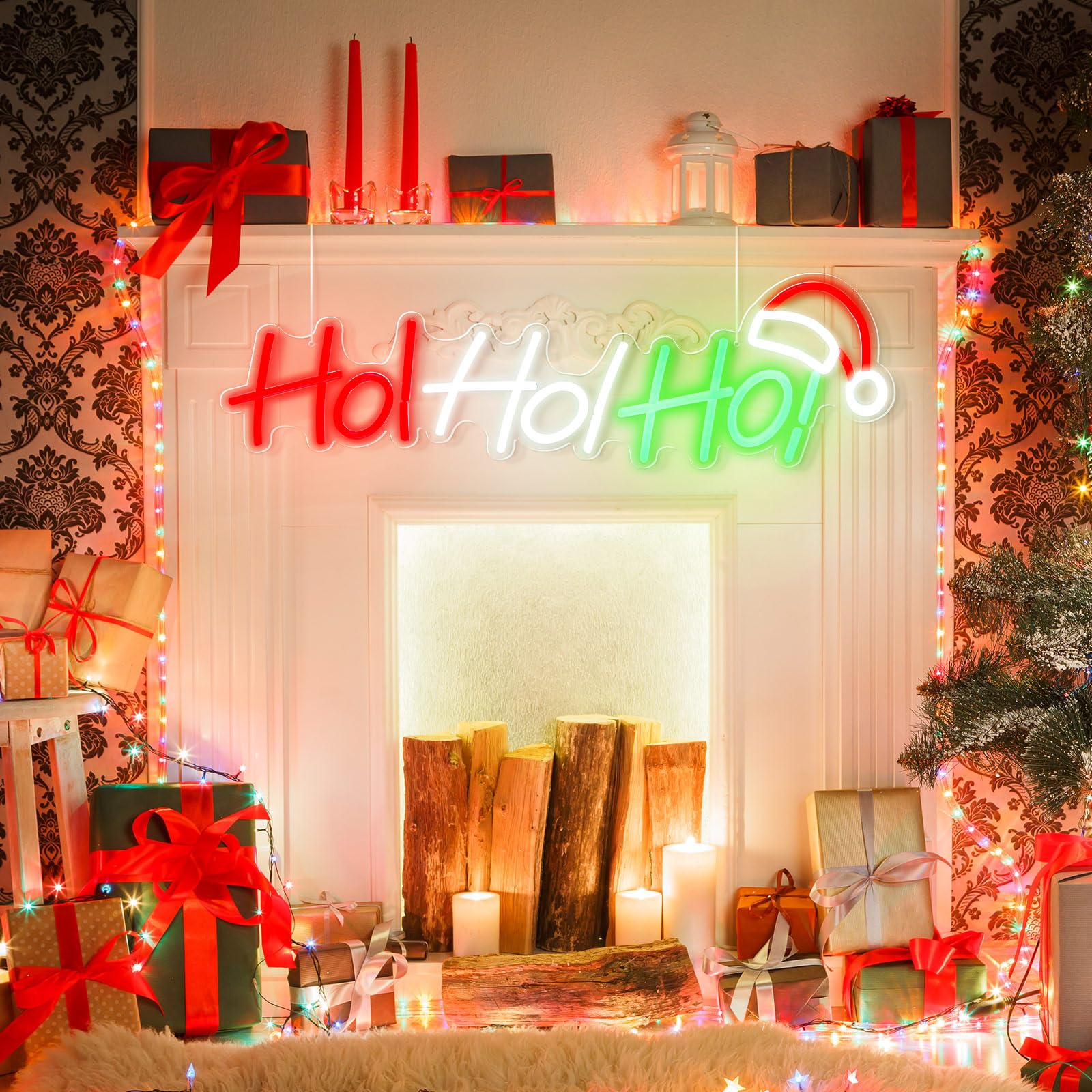 Glooglitter Hoho - Insegna al neon natalizia grande, con luce a LED, con scritta "Merry Christmas", per finestre, decorazioni natalizie per feste di Natale, camera da letto