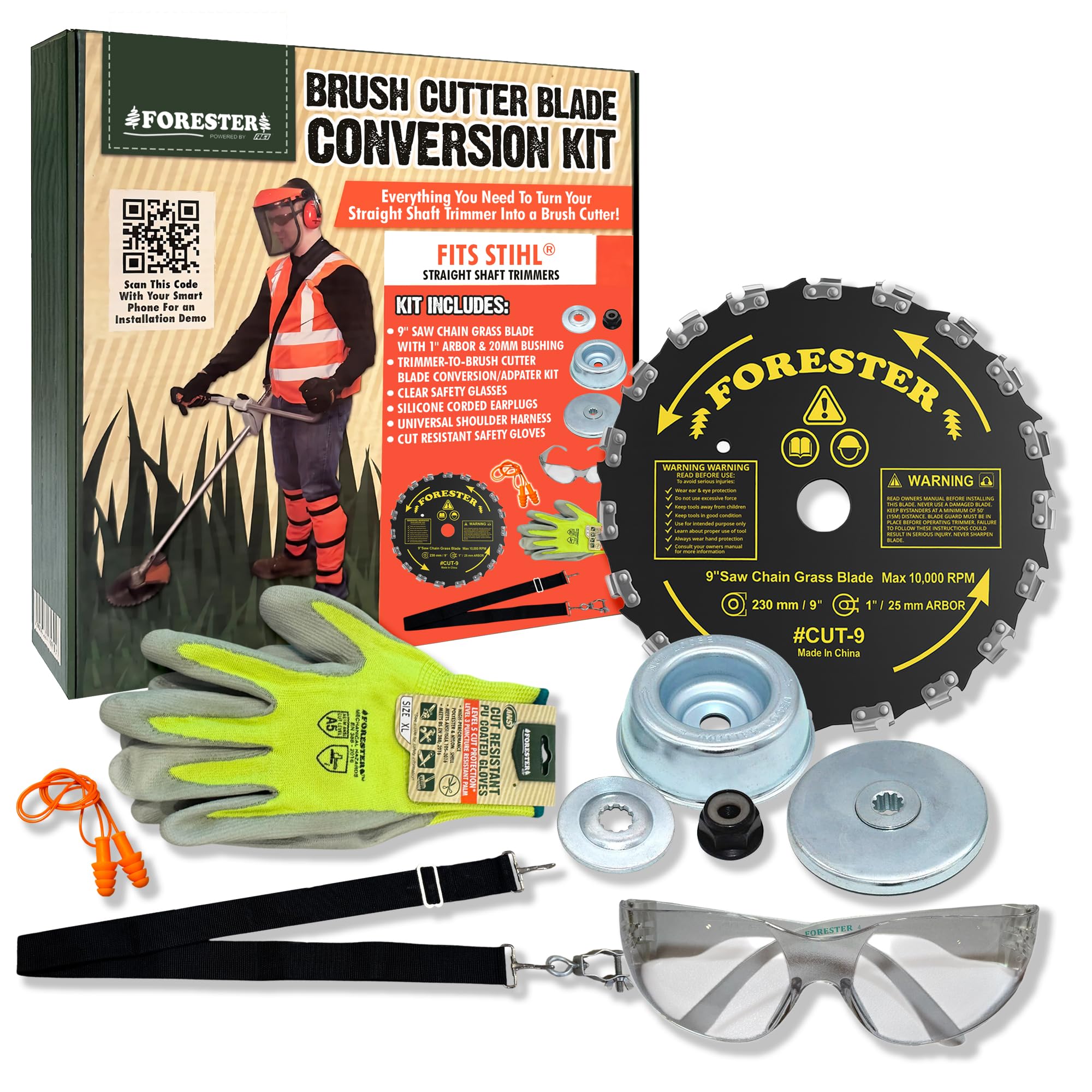 FORESTER Kit de conversión de desbrozadora con corte 9, incluye gafas de seguridad, tapones para los oídos, guantes, arnés, compatible con la mayoría de recortadoras de eje recto Stihl