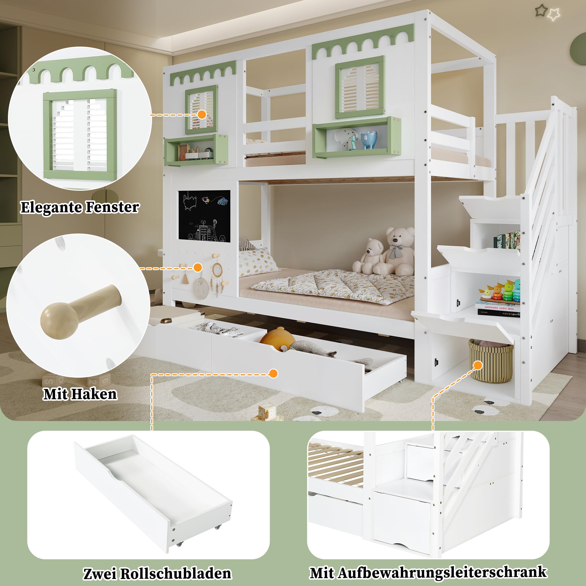 Letto a Castello per Bambini 90x200cm con 2 Cassetti e Scala Portaoggetti, piccola Area Forata + 5 Ganci in legno, Letto a Soppalco, Strutture letto di Pino, Bianco + Verde(Senza Materasso)