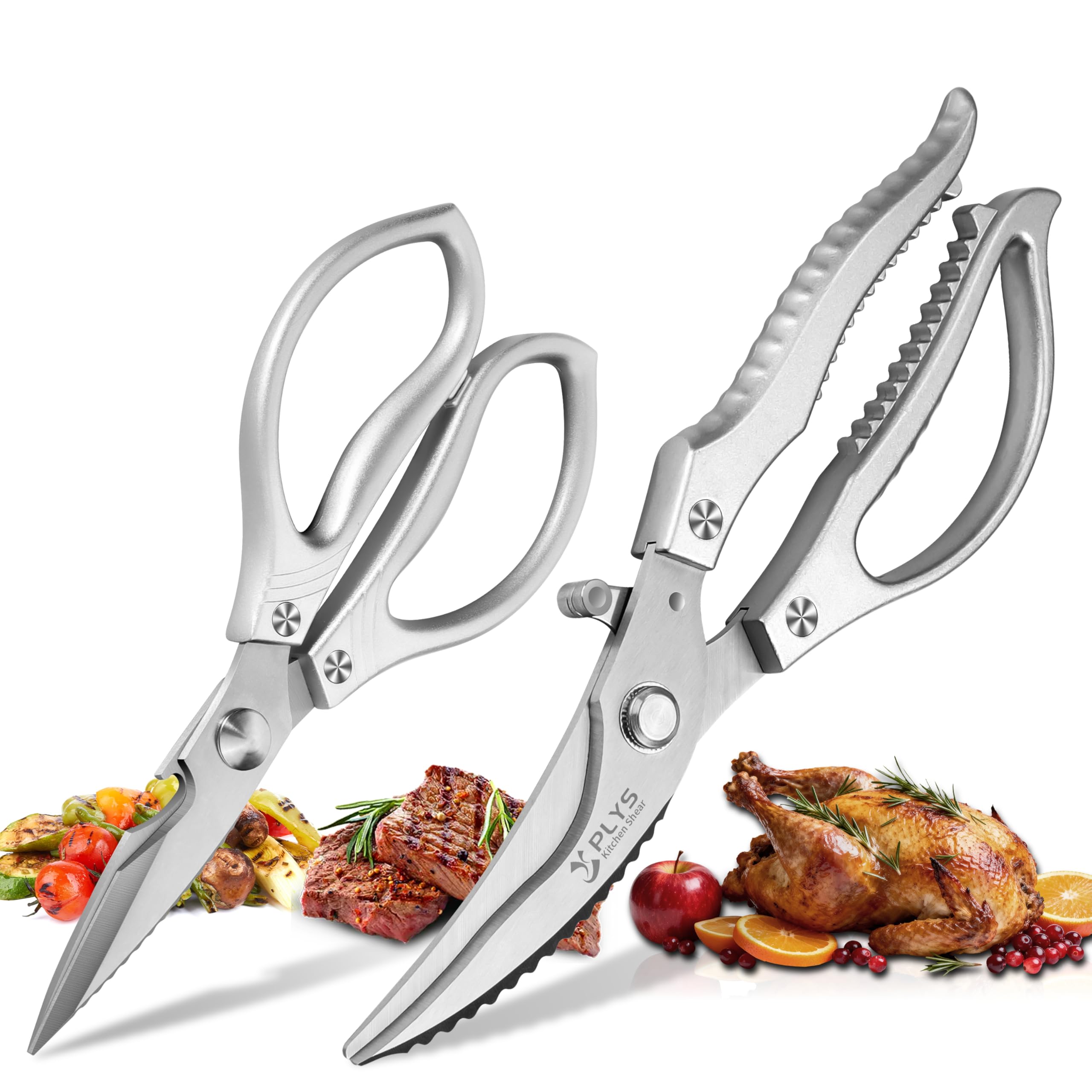 Kitchen Scissors Set 2PCS Plys: Heavy Duty Poultry Shears and Food Scissors - Silver Stainless Steel Sharp Meat Cutting Shear for Chicken, Fish, Vegetable, and Bone, Home Cooking Use