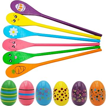 Painted Easter Egg and Spoon Race Game Set, Family Game for Kids & Family Activity Holiday Outdoor Yard Easter Egg Hunt Birthday Party Front Lawn