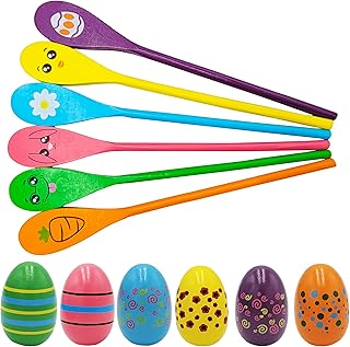 Painted Easter Egg and Spoon Race Game Set, Family Game for Kids & Family Activity Holiday Outdoor Yard Easter Egg Hunt Birthday Party Front Lawn