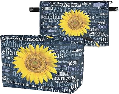 Yellow Sunflower Head on Blue Word Cloud Full of Botanical Terms Women Cosmetic Storage Handbag Case Portable Coin Purse, Makeup Bag Toiletry Handbag Organizer, Large Ladies Pouch Holder M