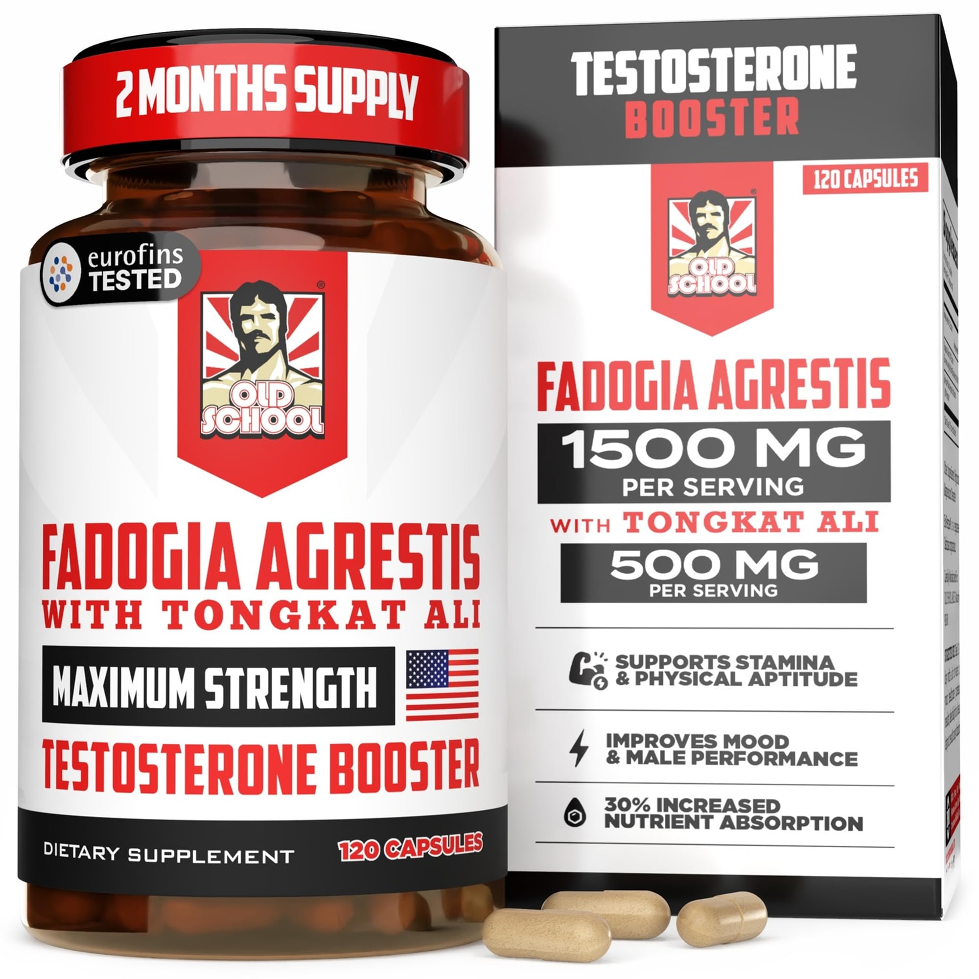 Old School Labs Suplemento para homens com Fadogia Agrestis e Tongkat Ali 1.500 mg + 500 mg, 120 cápsulas