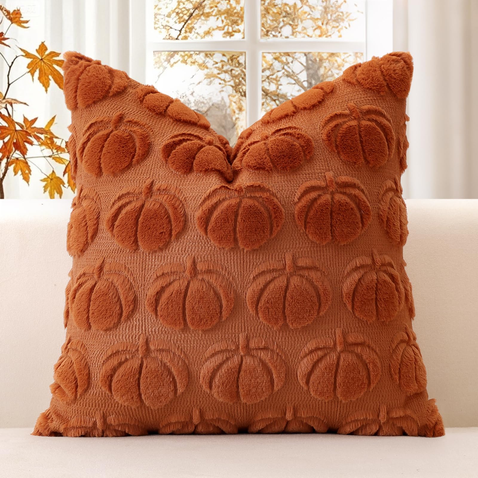 JOTOM Rust Pumpkin Fall Cushion Covers 60x60cm Soft Plush Faux Fur Autumn Thanksgiving Decorative Throw Pillow Covers Pillow Case for Home Bedroom Couch Sofa Decor (Rust)