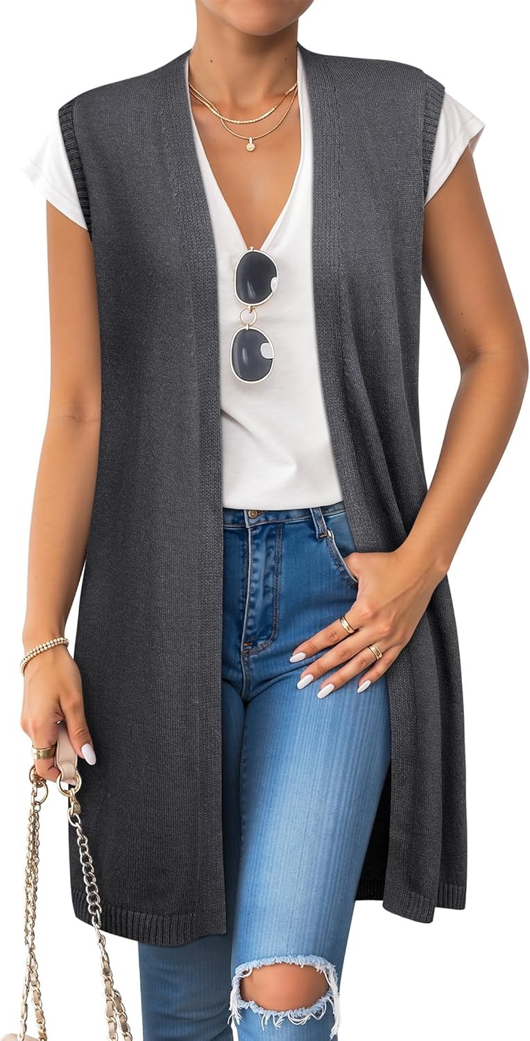 ZXZY Long Vest for Women Sleeveless Knit Cardigan Open Front Draped Sweater Duster Casual Lightweight Outwear Vests