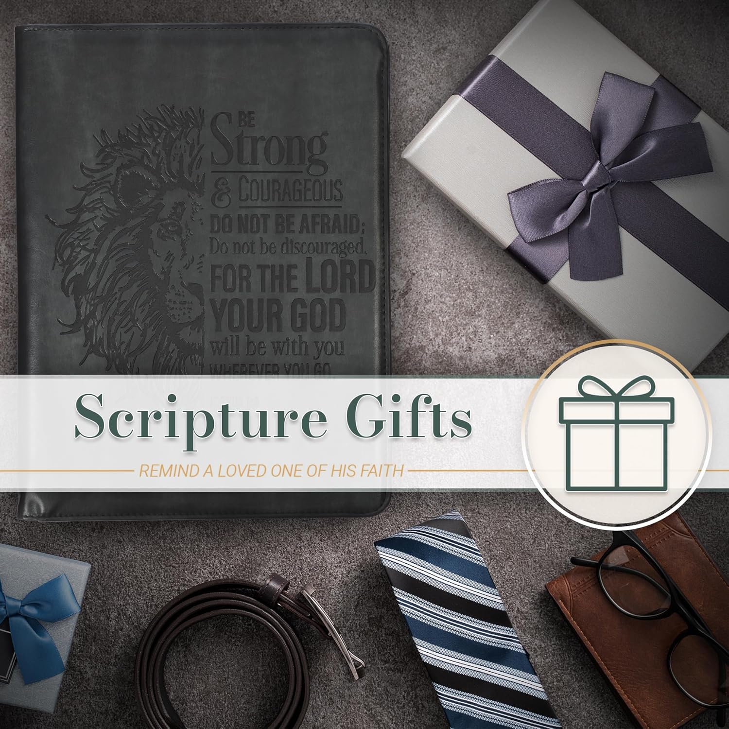 Christian Art Gifts Premium Vegan Leather Zippered Inspirational Scripture Portfolio for Men & Women: Strong & Courageous Lion, Padfolio Folder, Notepad, Pen/Highlighter Combo, Slots, Charcoal Black