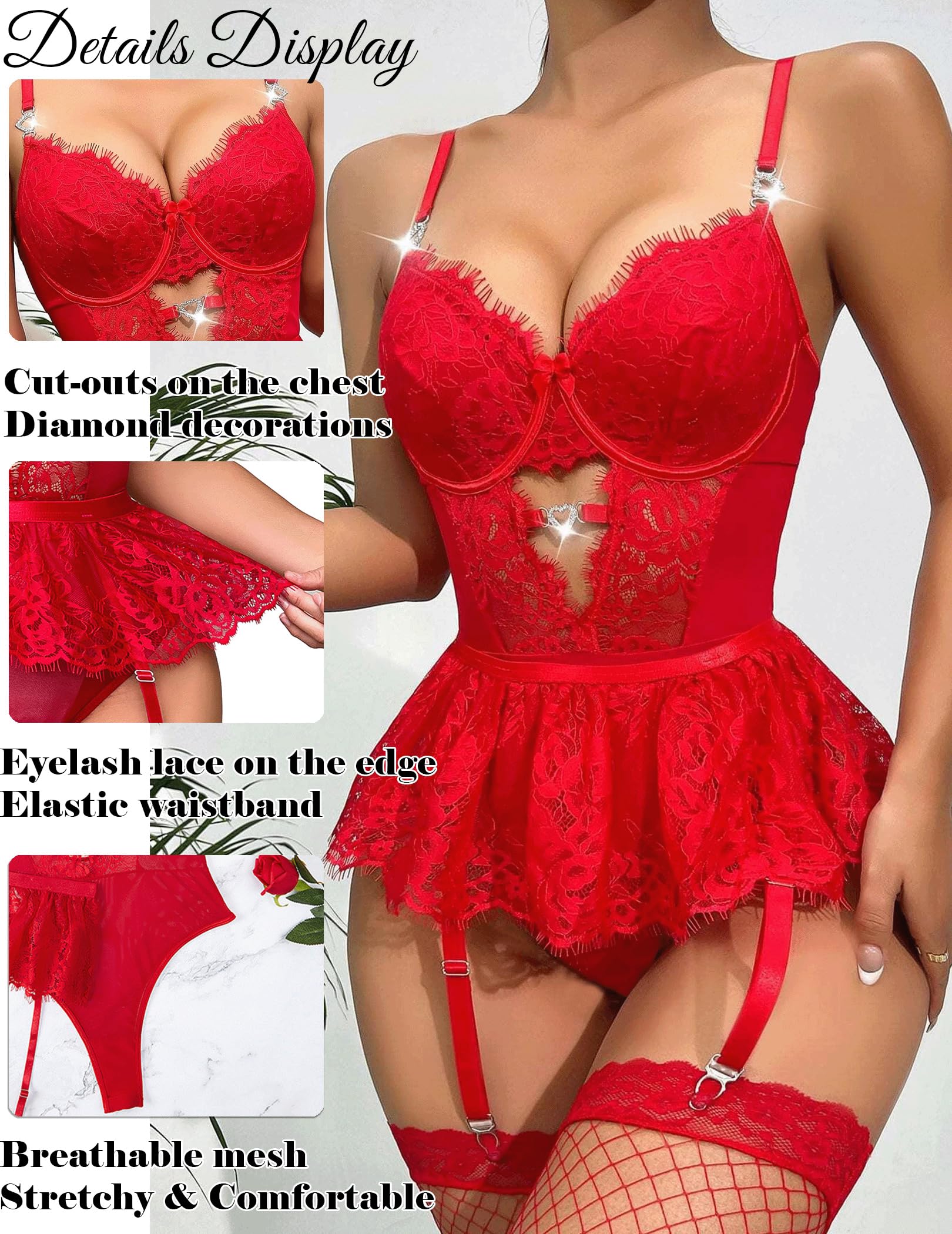 Alrovetoney Women Lingerie Set Naughty Lace Bodysuit High Waisted Underwire Lingerie Babydoll With Garter Belt and Stockings: XX-Large Red