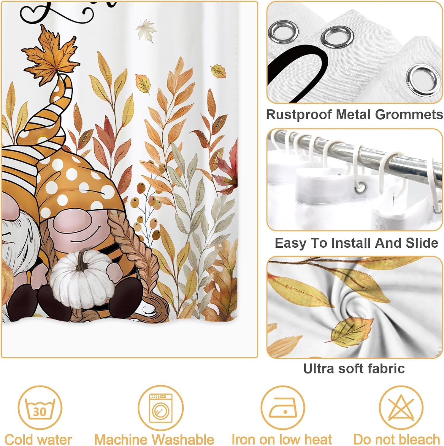 Baccessor Fall Shower Curtain Pumpkin Maple Leaves Gnomes Shower Curtains Bathroom Bath Decor Waterproof Weighted with Hooks 72 W x72 H Inch