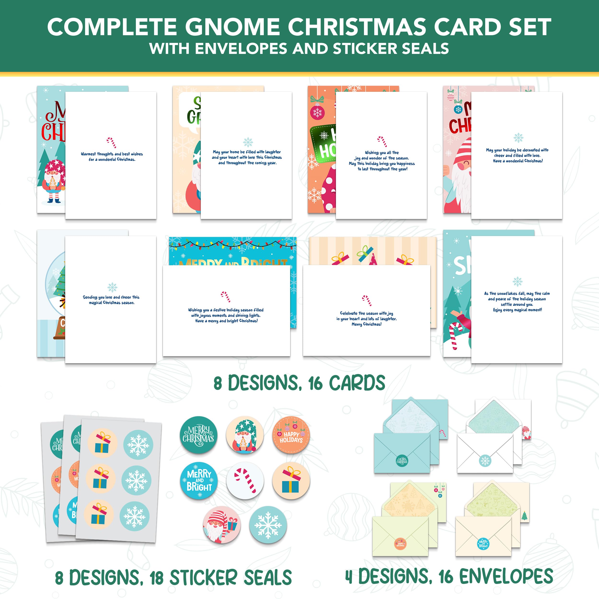 Decorably Lot de 16 cartes de Noël en forme de gnom, 12,7 x 17,8 cm, 8 motifs, 16 cartes
