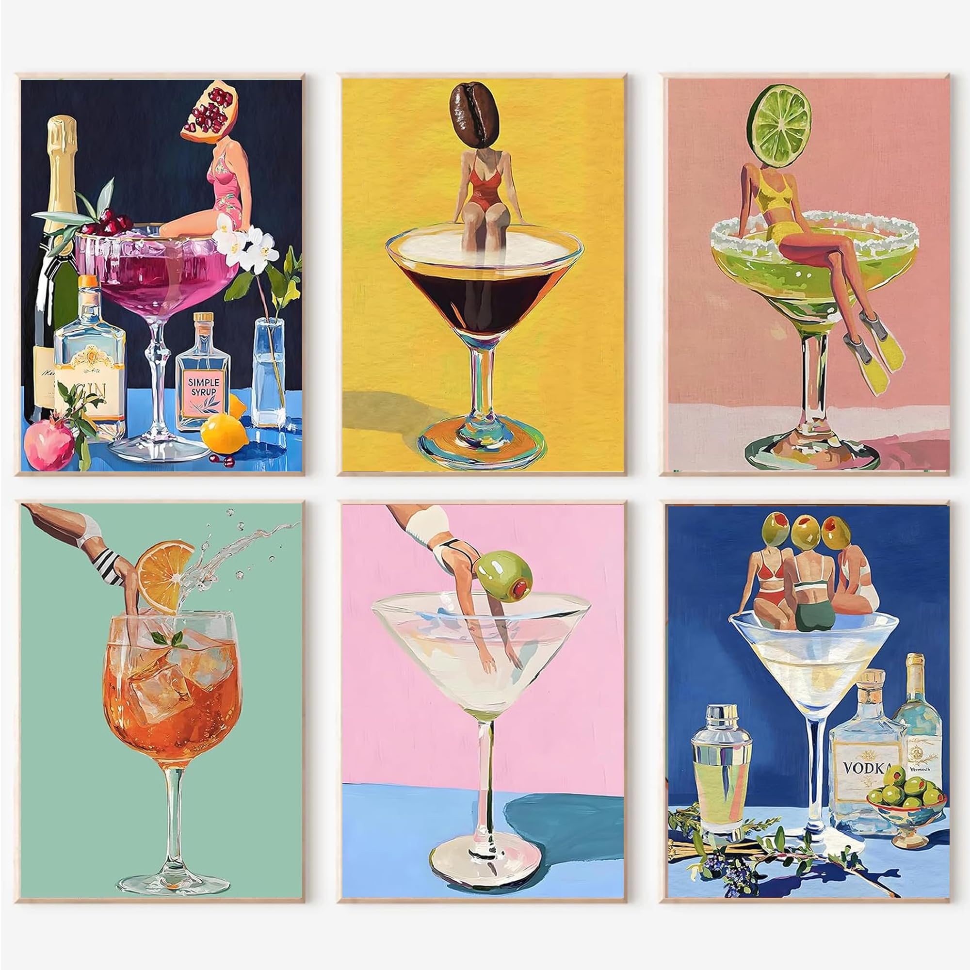 BEAYIOU 6 Pack Paint by Numbers Kit for Adults Beginners,Cocktail Adult Paint by Number Kits on Canvas Frameless,Cocktails DIY Acrylic Oil Number Painting Kits for Decor 7.8x11.8 inch