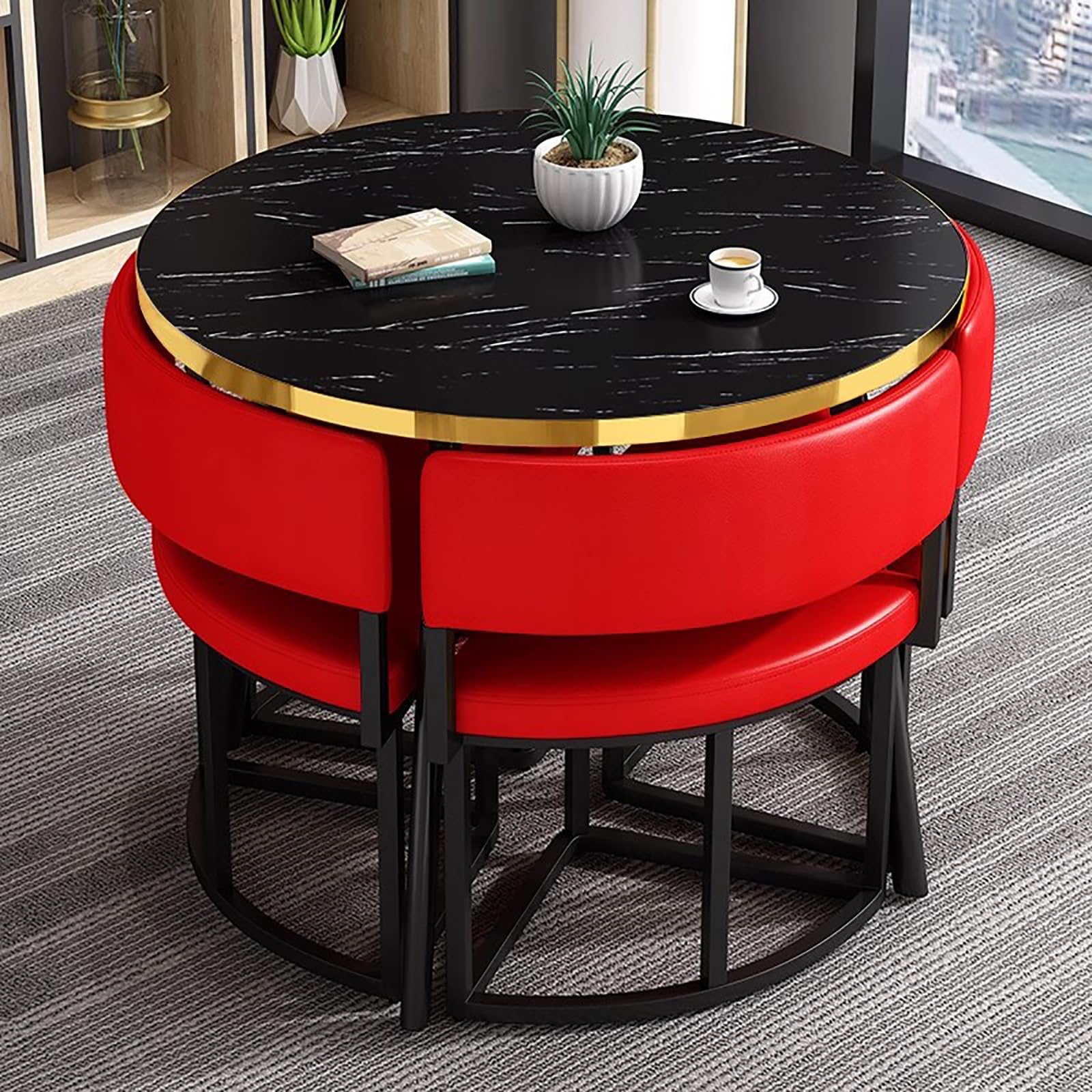89,9 cm runder schwarzer Esstisch-Set mit 4 Stühlen – Moderne, platzsparende Küche & Büro, Fell für Wohnzimmer, Konferenzraum & Loun (Rot h)