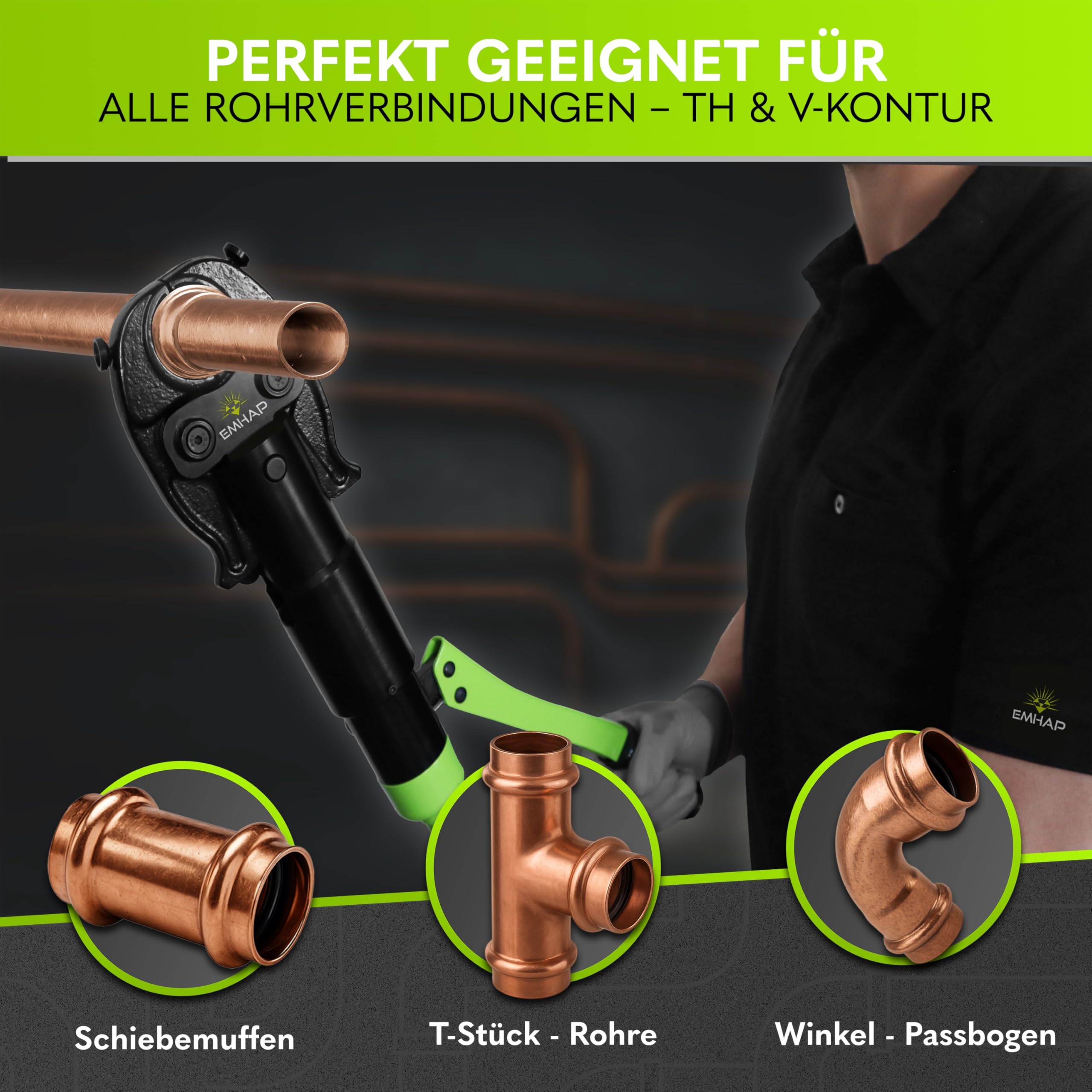 Rohrpresszange hydraulisch – Presszange mit TH & V Kontur für Kupferrohre, Alu-Verbundrohr & Edelstahlrohr – Pressfitting Zange inkl. Rohrschneider & Entgrater - Rohrpresse Presswerkzeug