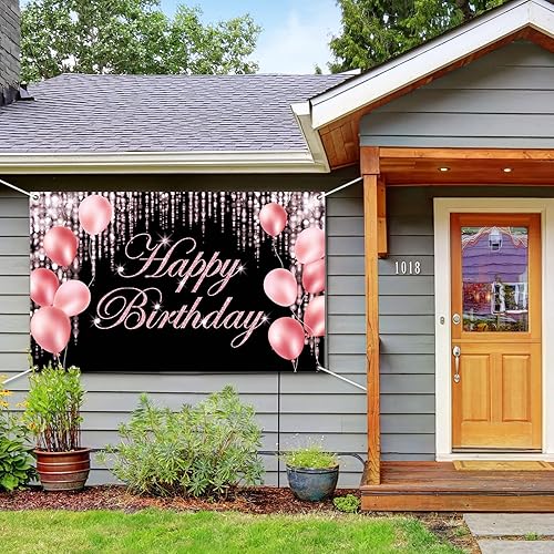 Miniatura 6 de Decoración rosa de feliz cumpleaños, telón de fondo grande de feliz cumpleaños para patio, baby shower, fiesta, decoración interior y exterior,