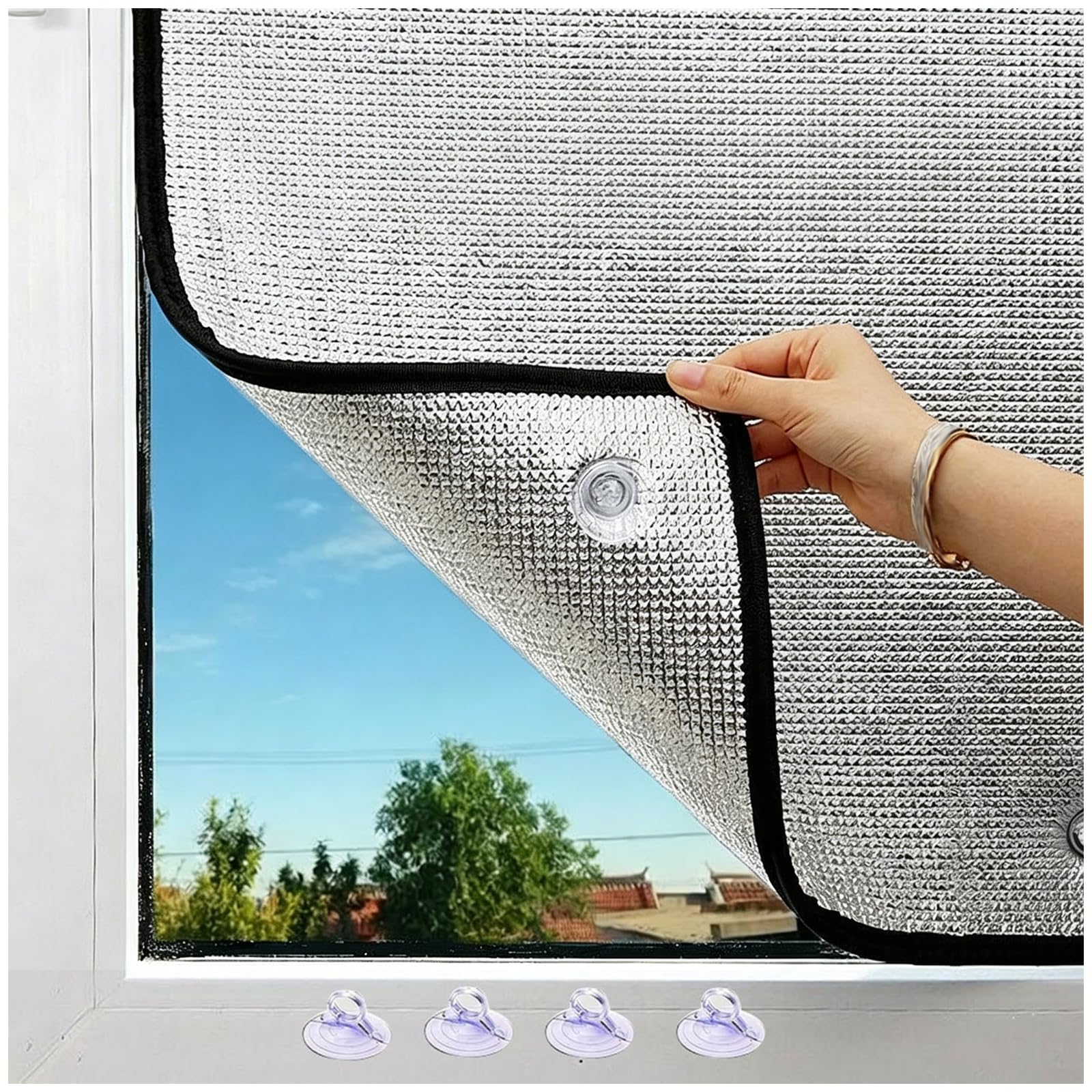 Double Sided Aluminum Foil Insulation Window Film,Heat Reflective Privacy Tint,Total Blackout Sun Blocker,Anti UV Shield,Removable With Suction Cups For RV Camper Sunroom(100*100cm,7mm Edge Binding)