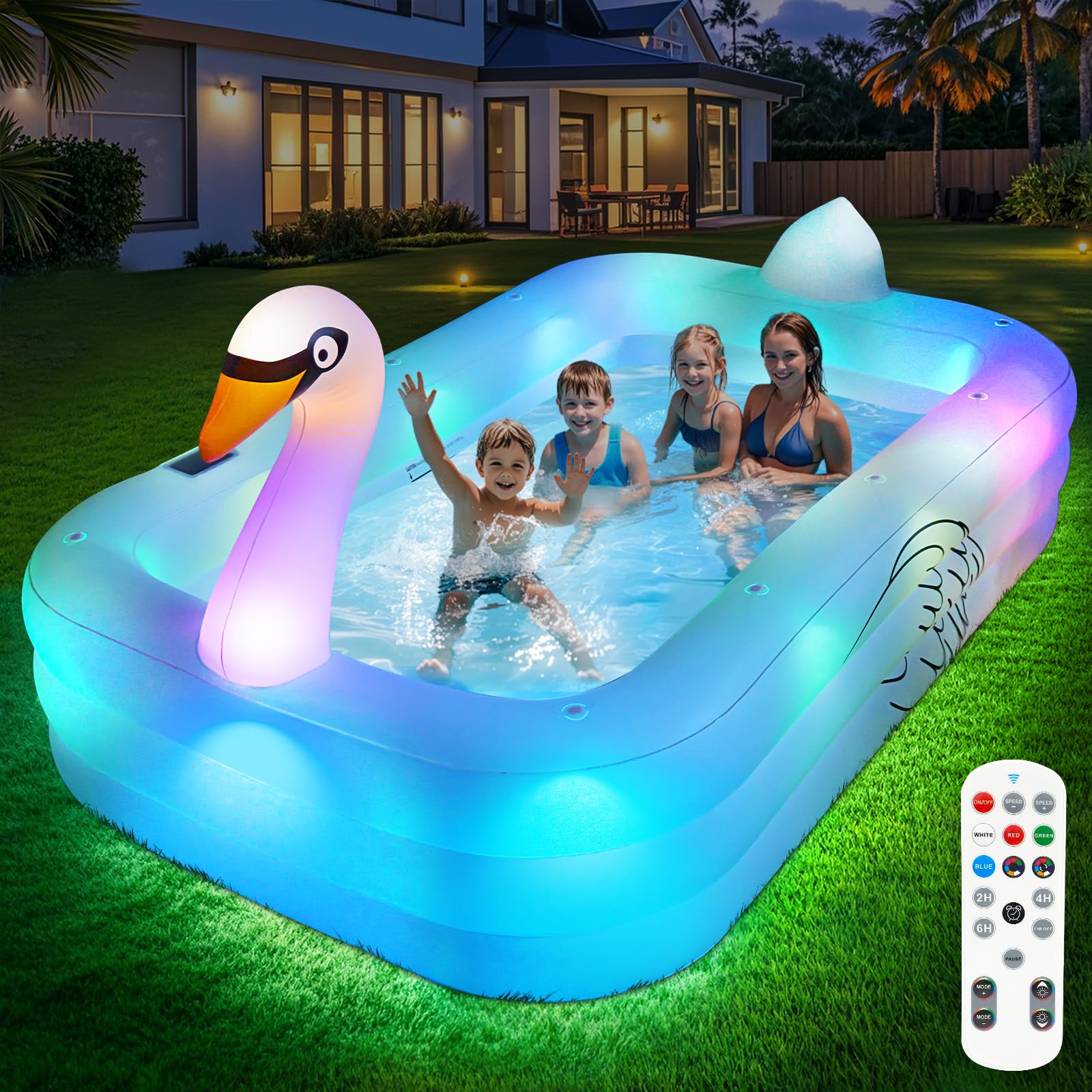 Inflatable Pool with Lights,Solar Swan Inflatable Swimming Pool for Kids,Adults,Large Inflatable Pool for Adults Blow up Pool,Oversized Thickened 100"x63"x22"Family Inflatable Kids Pool for Backyard