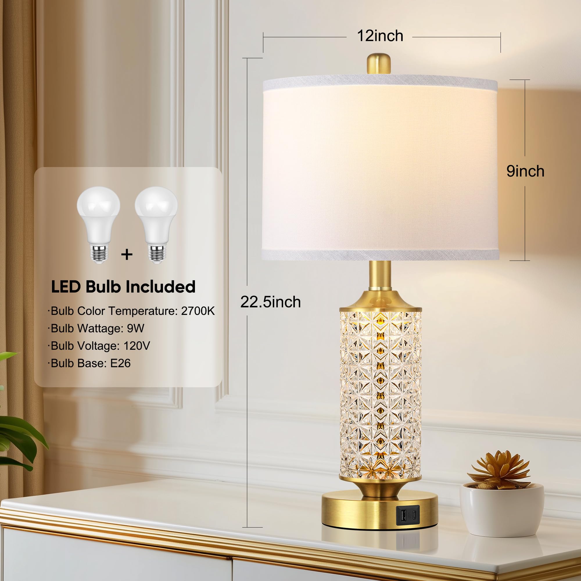 2er Set Tischlampen mit USB-Anschlüssen, Moderne Nachttischlampe mit LED-Nachtlicht, Nachttischlampe für Schlafzimmer, Nachttischlampen für Wohnzimmer Büro (Gold)(2 Leuchtmittel enthalten)