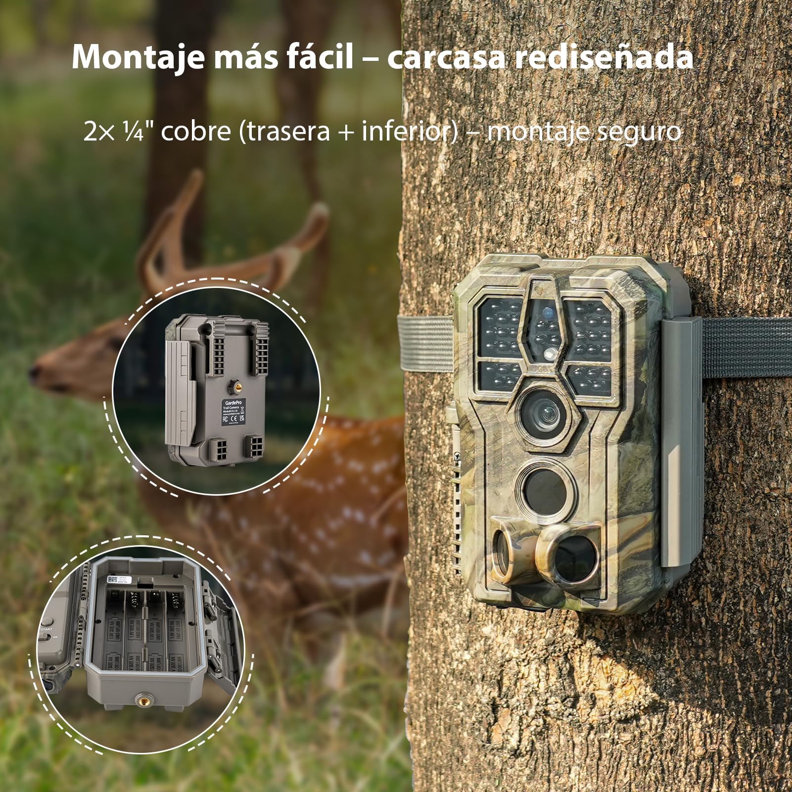 GardePro E5 2.0 Camara Fototrampeo 4K, Tarjeta SD de 64 GB, 64MP 4K Cámara Fototrampeo, IP66 Camara de Caza, IP66
