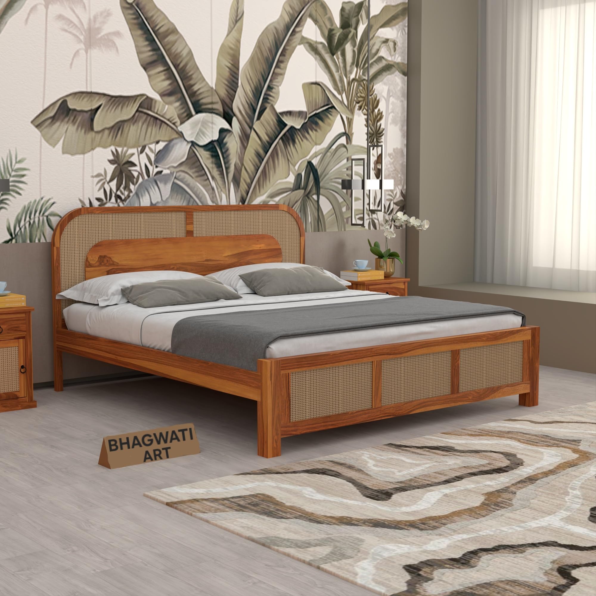 solid sheesham wood queen size bed with rattan cane design|wooden cot double bed without storage box|rattan bed furniture for bedroom,home & hotels|5 jaali cane design bed,honey finish