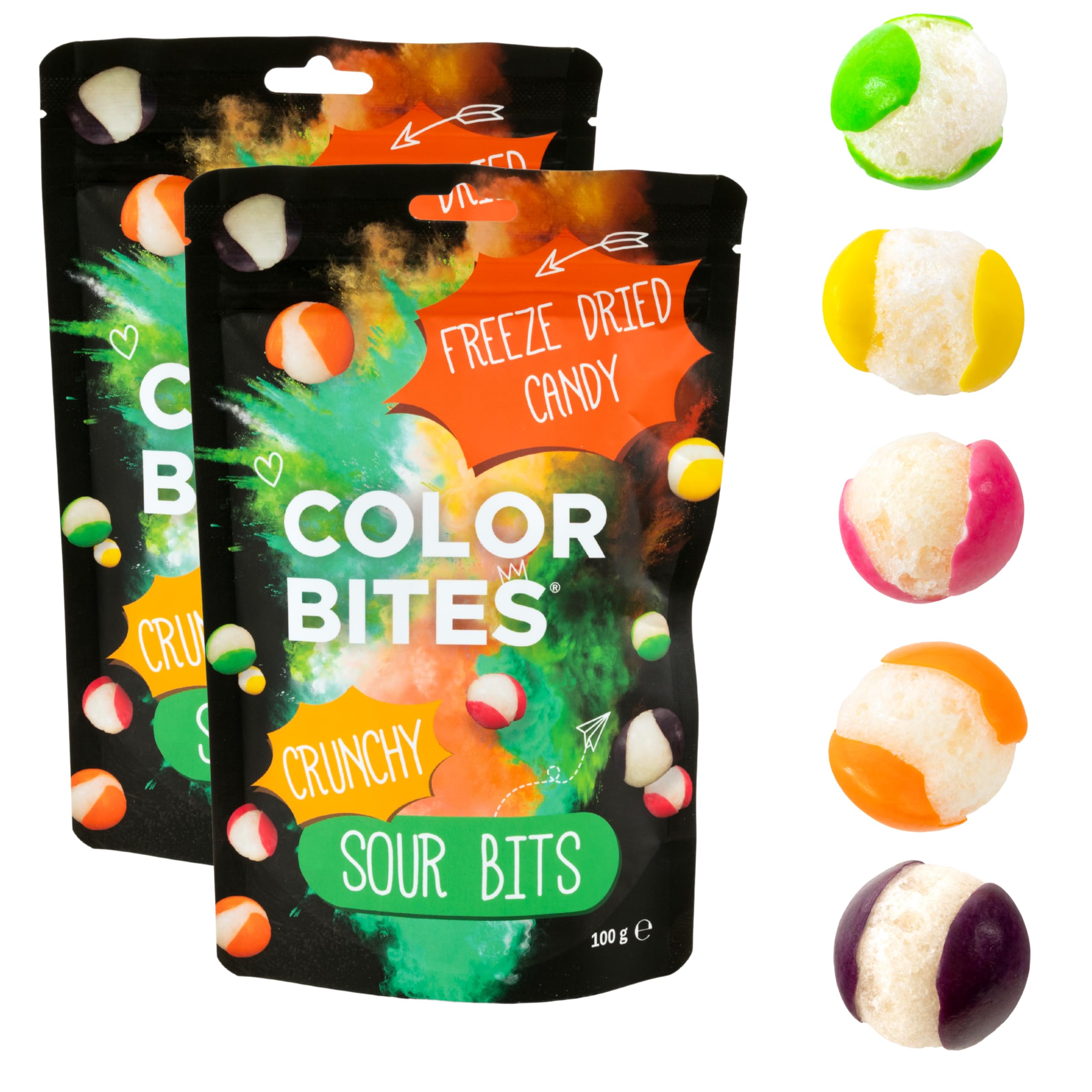 Color Bites – Gefriergetrocknete Süßigkeiten - Freeze Dried Candy - Crunchy Sour Bits - 2x100 g Knusprige Vegan Bonbons – American Candy & TikTok Trend