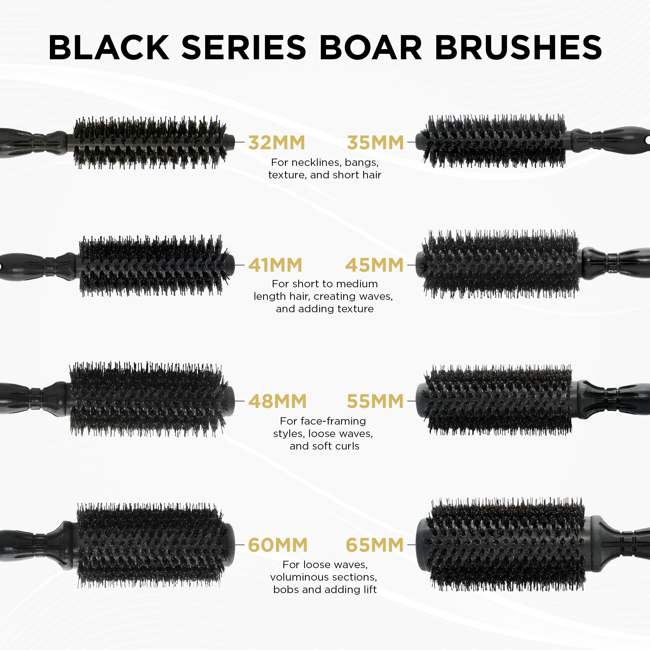 COCCO Black Series - Cepillo de cerámica para jabalí S8, cepillo para peinar el cabello con tecnología de doble cerda, barril recubierto de cerámica, diseño ergonómico