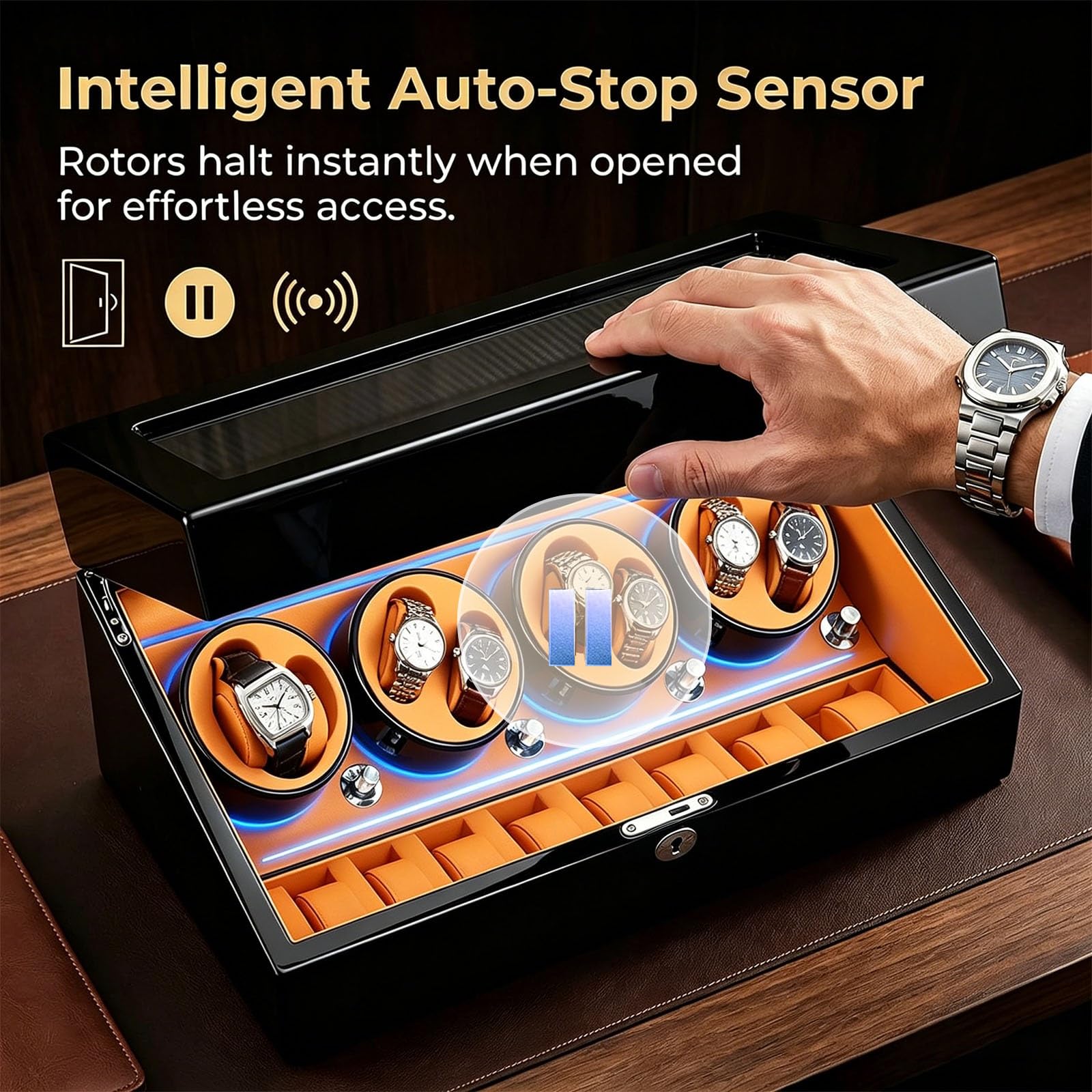 Carica Orologi Automatici 8+9, 17 Scomparti con Chiusura, Motore 10dB Silenzioso, Scatola del Tempo Anti-Magnetica, LED Blu, Sensore Auto-Stop, Legno Nero Laccato
