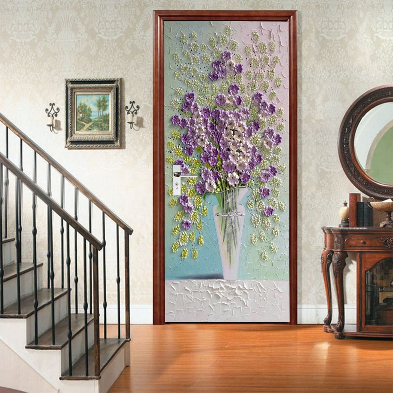 A.Monamour Adesivo Porta Autoadesiva Fiori Viola In Un Vaso Pittura Murale 3D Effetto Arte Astratta Vinile PVC Adesivi per Porte Interne 3D Pellicola Adesiva Poster Sticker Murale Parete